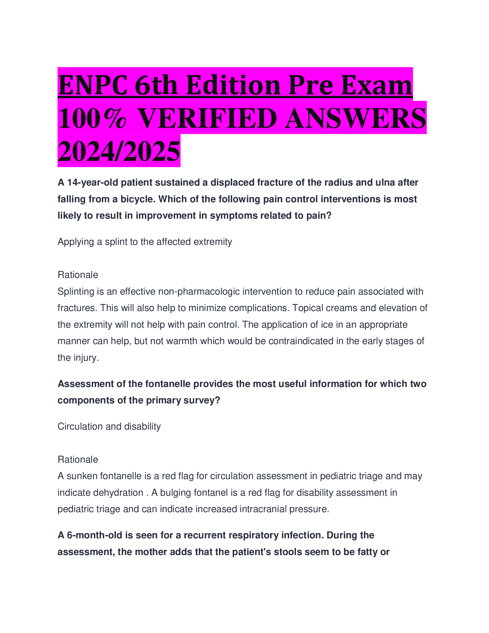 BEST ANSWERS ENPC 6th Edition Pre Exam 100 Percent VERIFIED ANSWERS  2024, 2026
