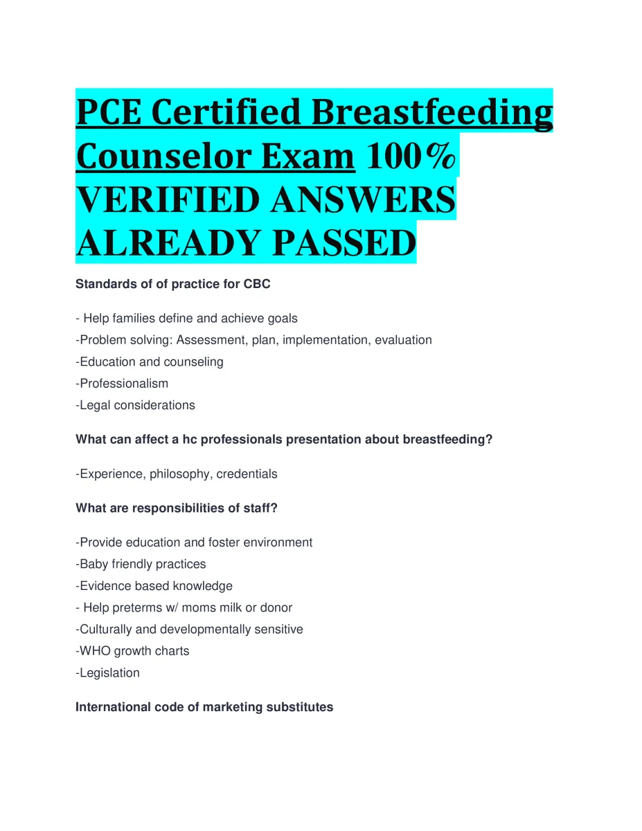 PCE Certified Breastfeeding Counselor Exam VERIFIED ANSWERS  ALREADY PASSED