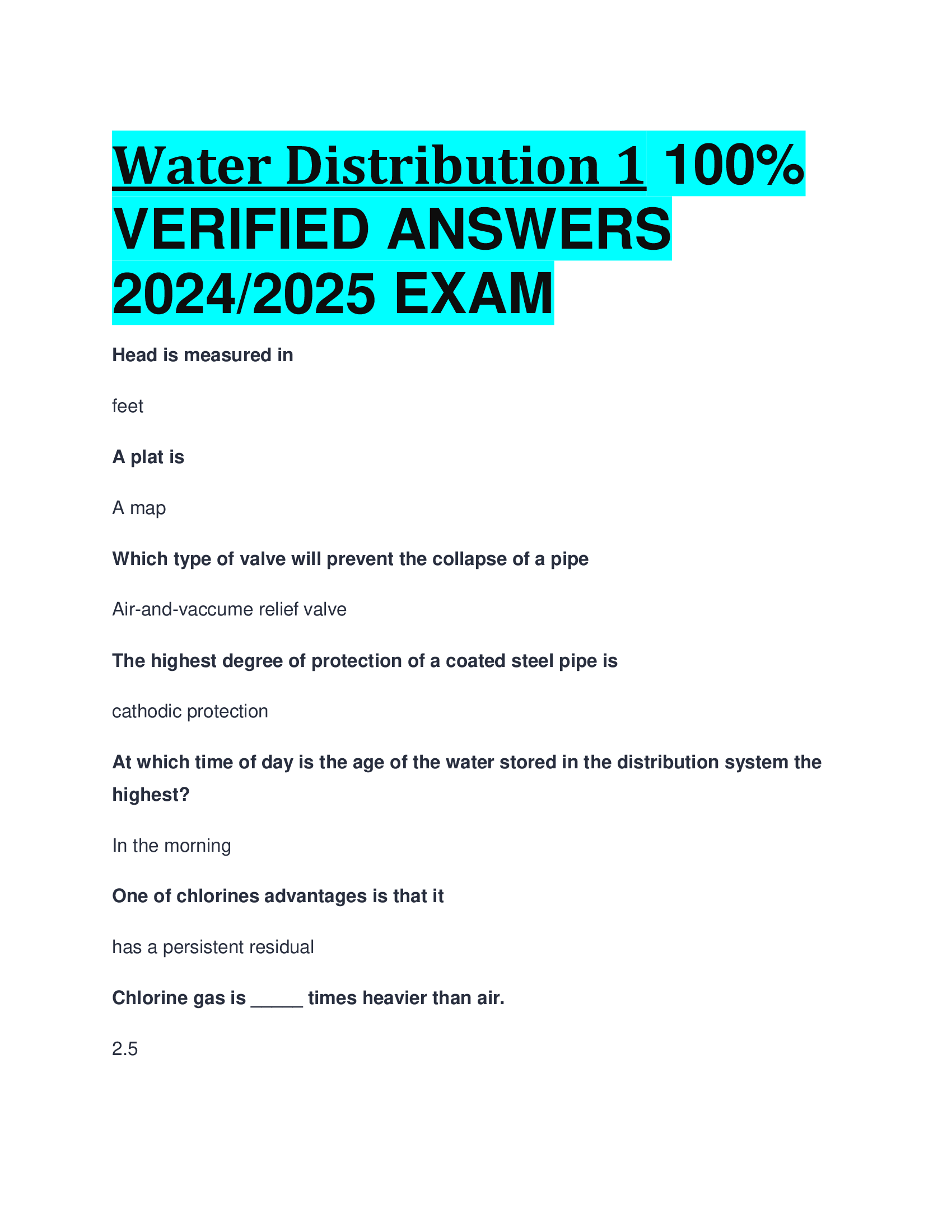 Water Distribution 1 VERIFIED ANSWERS  20242026 EXAM