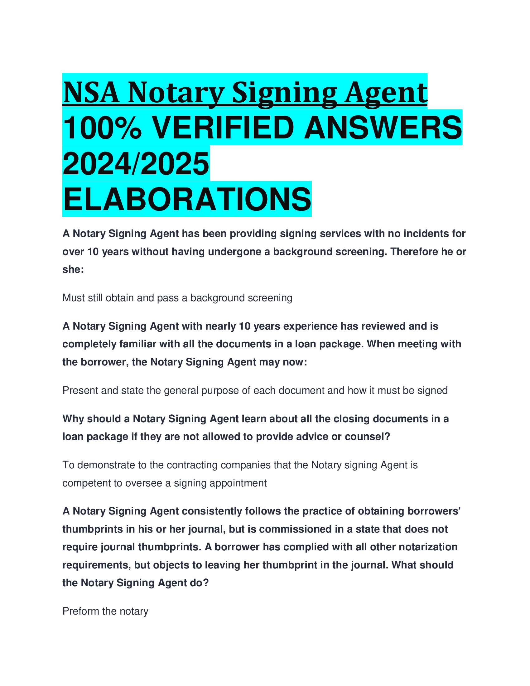 NSA Notary Signing Agent VERIFIED ANSWERS  20242026  ELABORATIONS