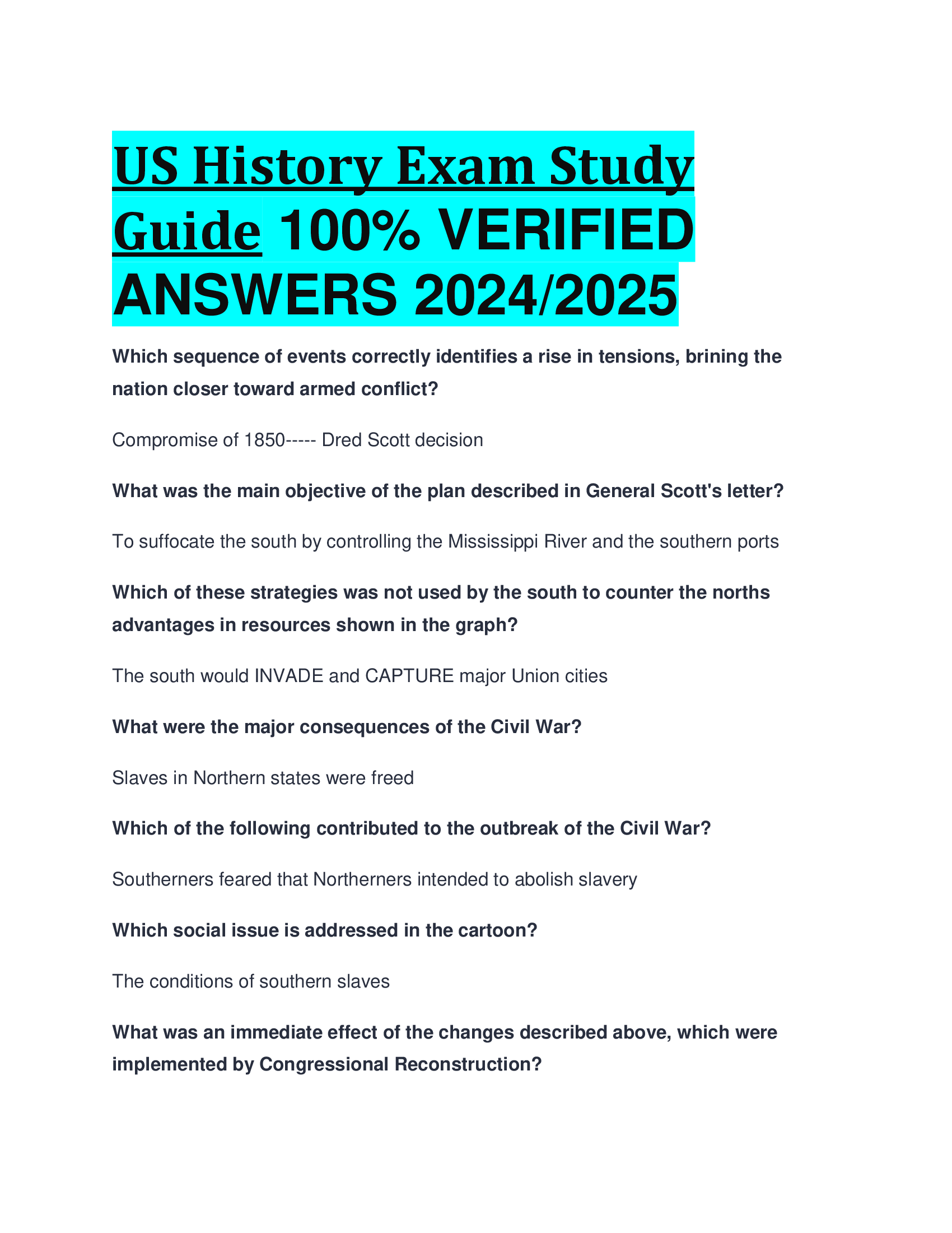 US History Exam Study Guide  VERIFIED  ANSWERS 20242026