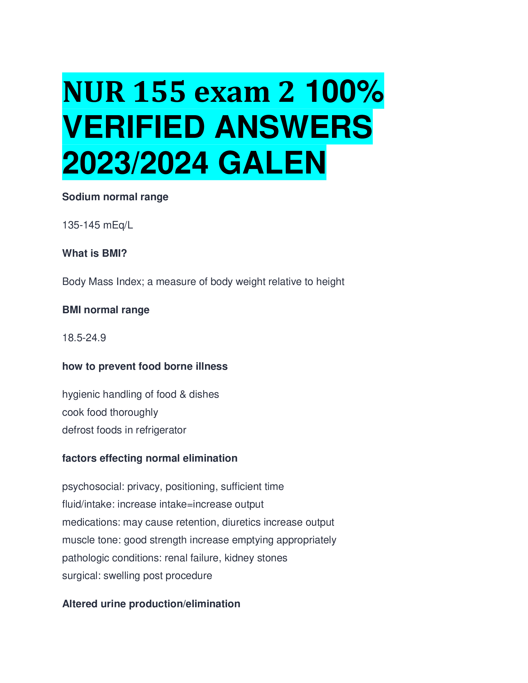 NUR 155 exam 2  VERIFIED ANSWERS  2023,2024 GALEN COLLEGE