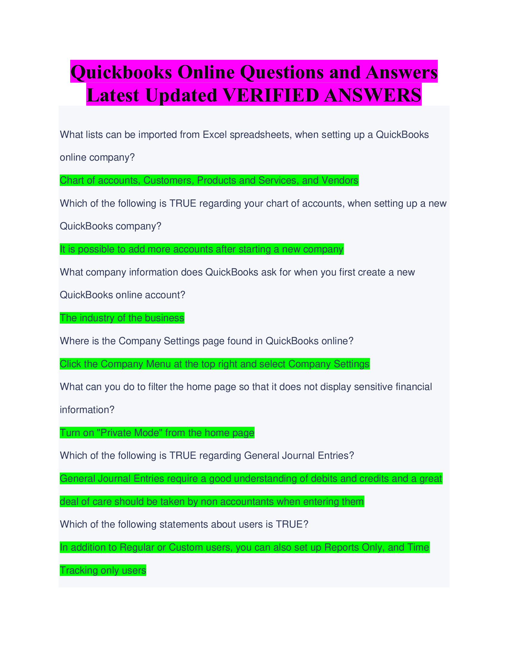 Quickbooks Online Questions and Answers  Latest Updated VERIFIED ANSWERS