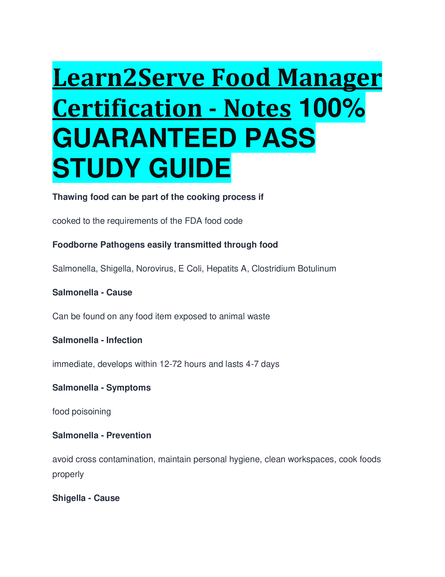 Learn2Serve Food Manager Certification - Notes GUARANTEED PASS  STUDY GUIDE