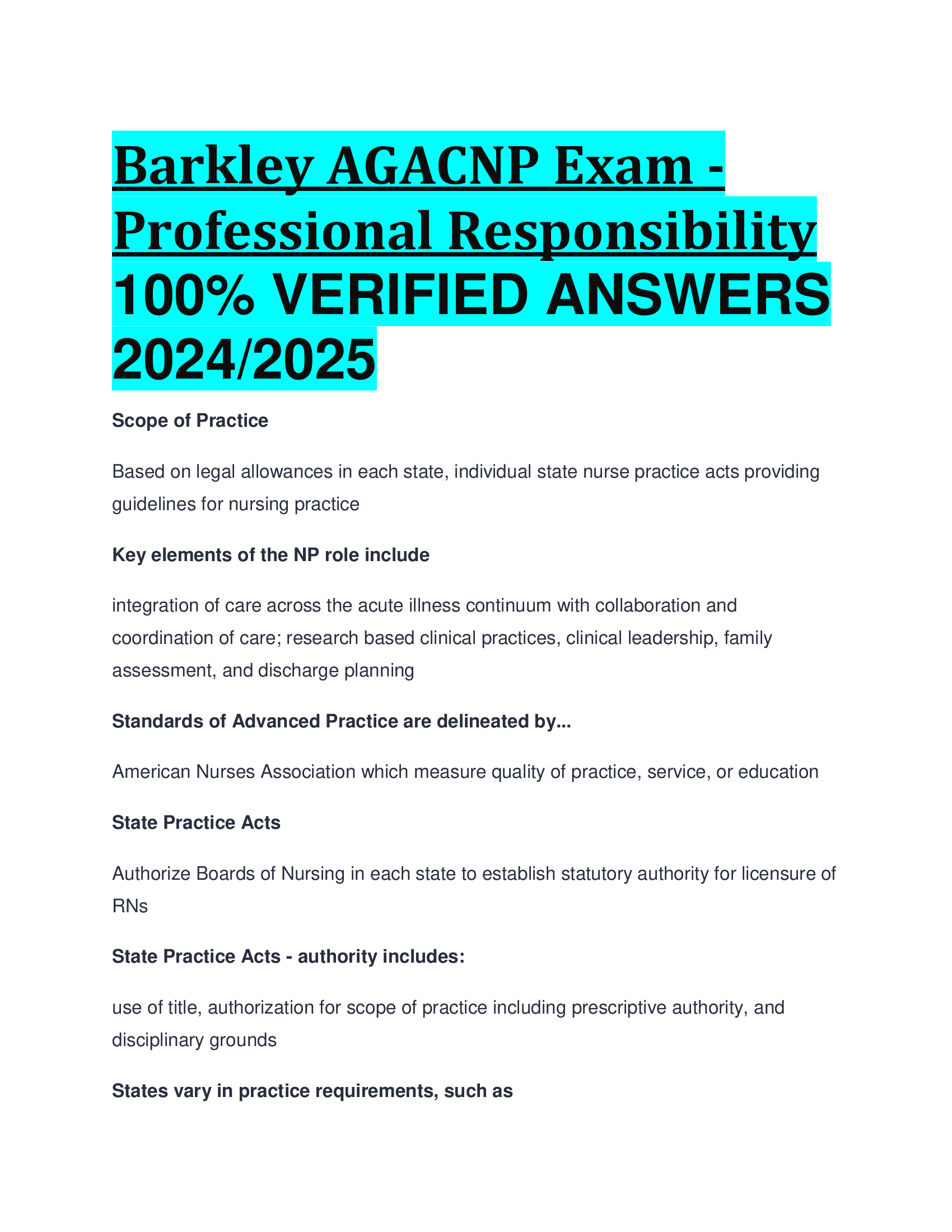Barkley AGACNP Exam - Professional Responsibility VERIFIED ANSWERS  2024, 2026
