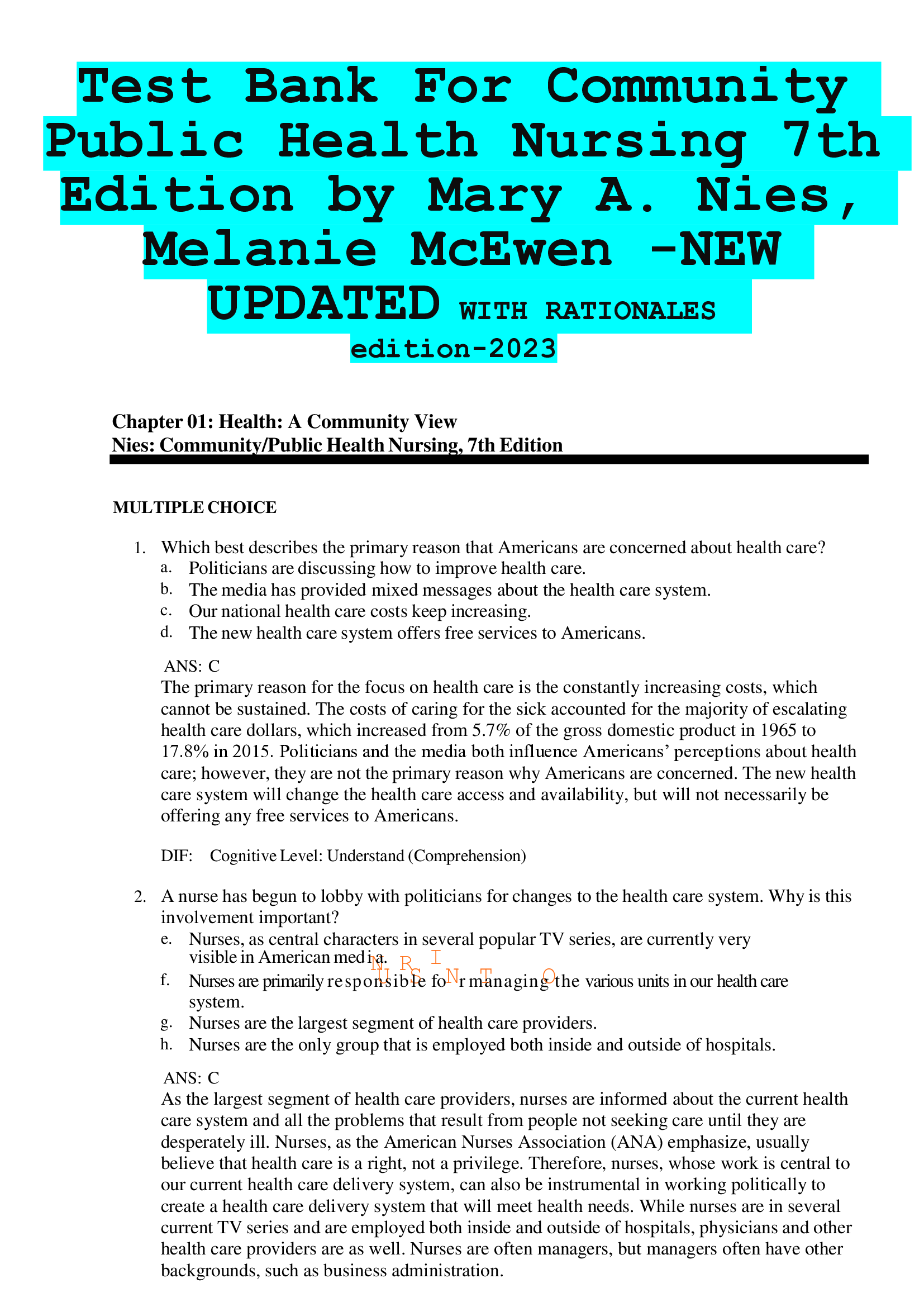 Test Bank For Community  Public Health Nursing 7th Edition by Mary A. Nies, Melanie McEwen -NEW  UPDATED WITH RATIONALES  edition-2023,2024