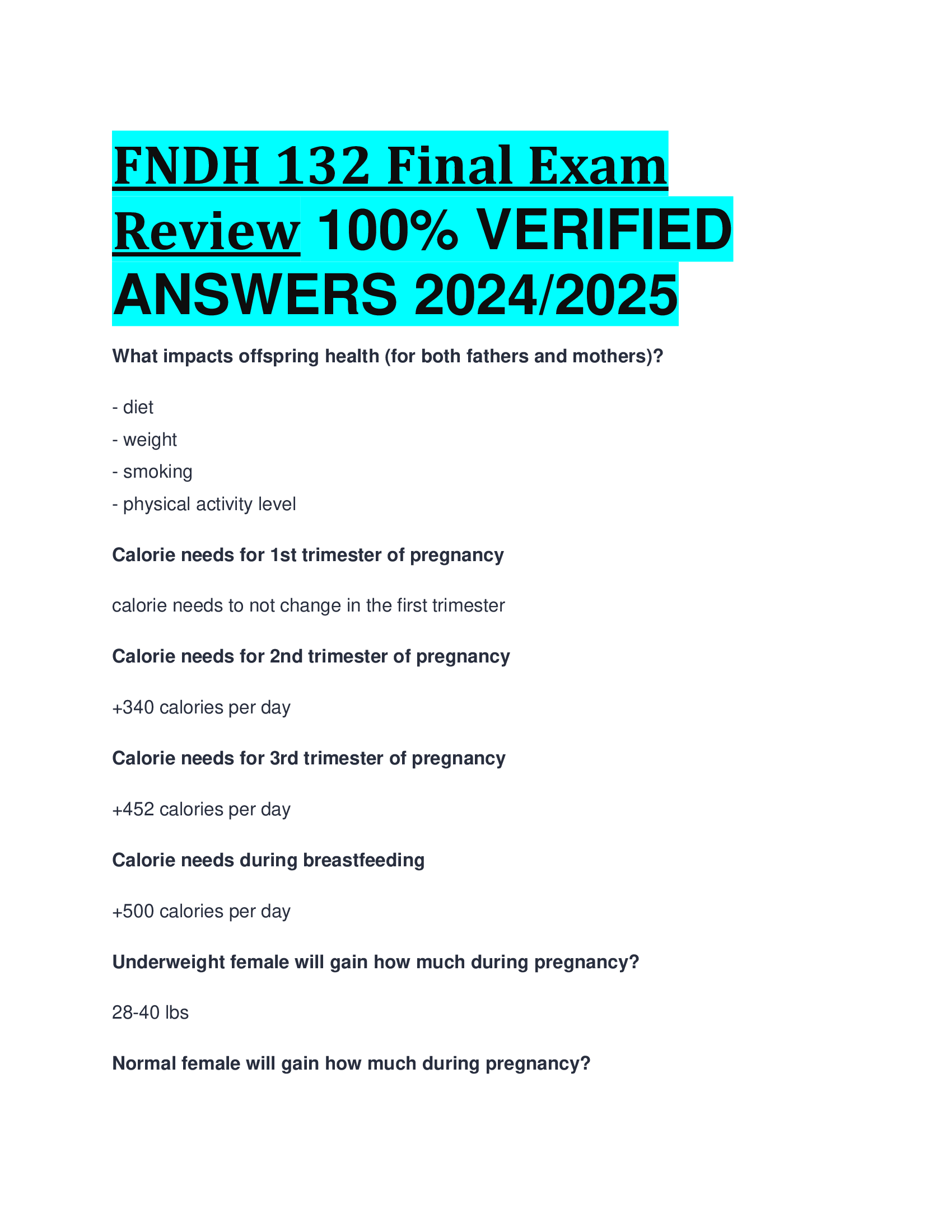 FNDH 132 Final Exam Review VERIFIED  ANSWERS 20242026