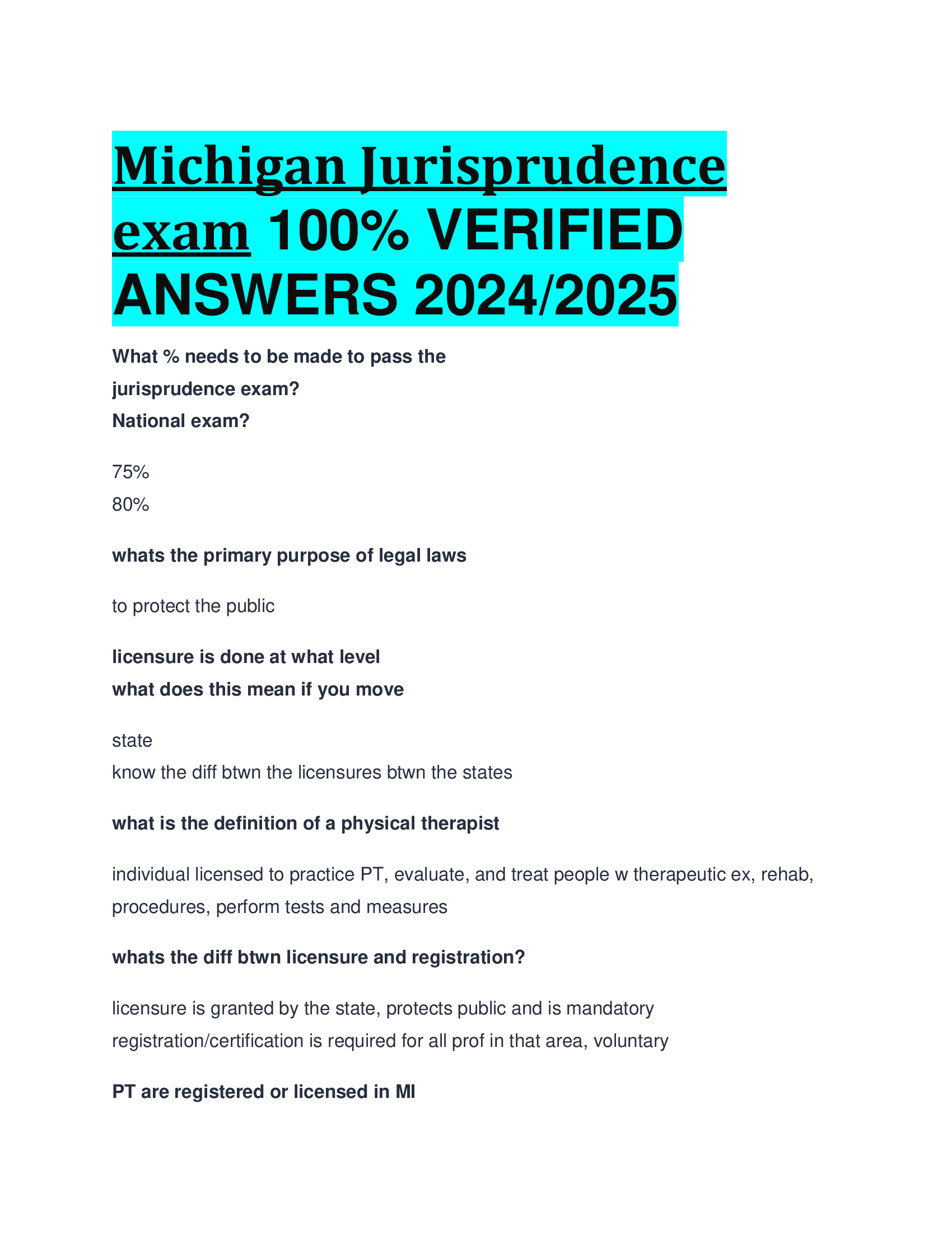 Michigan Jurisprudence exam VERIFIED  ANSWERS 20242026