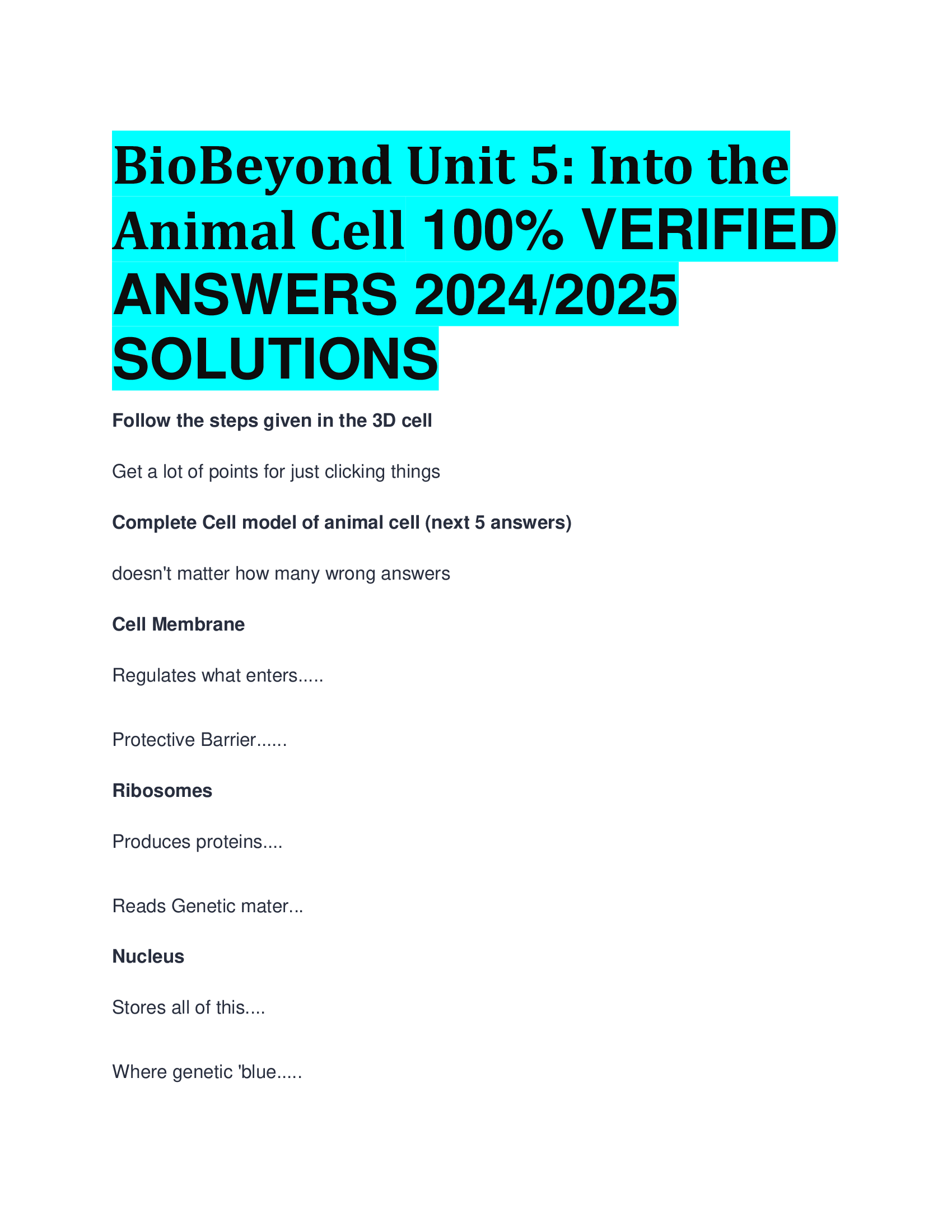 BioBeyond Unit 5: Into the Animal Cell VERIFIED  ANSWERS 20242026  SOLUTIONS