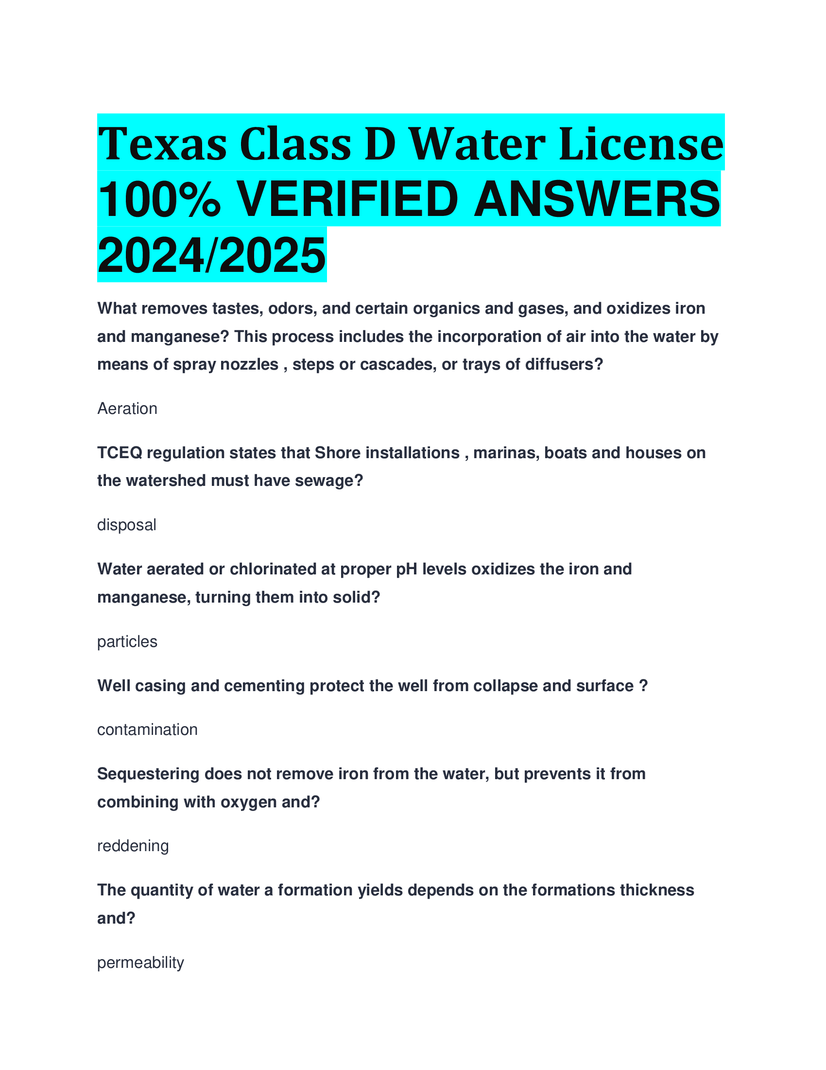 Texas Class D Water License  VERIFIED ANSWERS  20242026