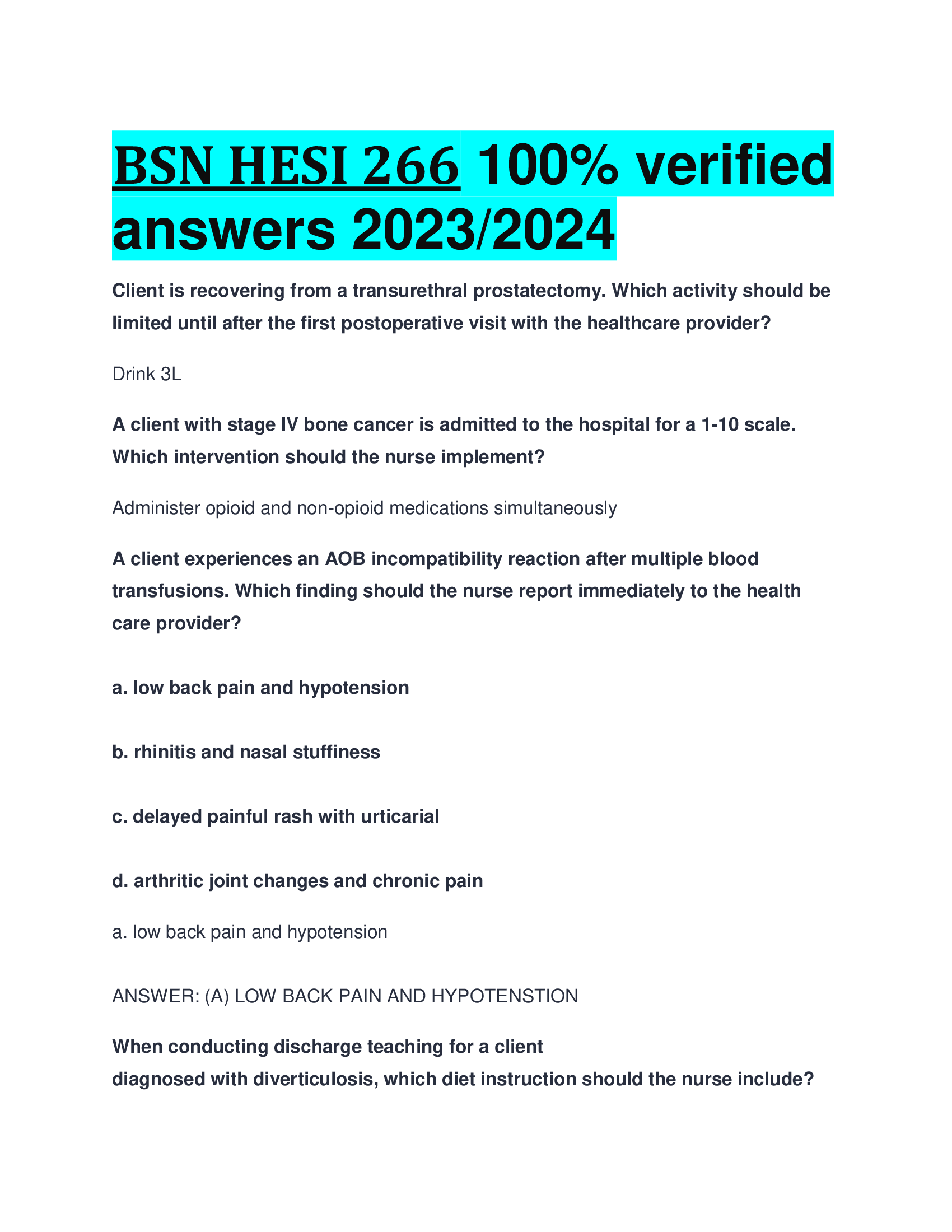 BSN HESI 266  verified  answers 2023,2024