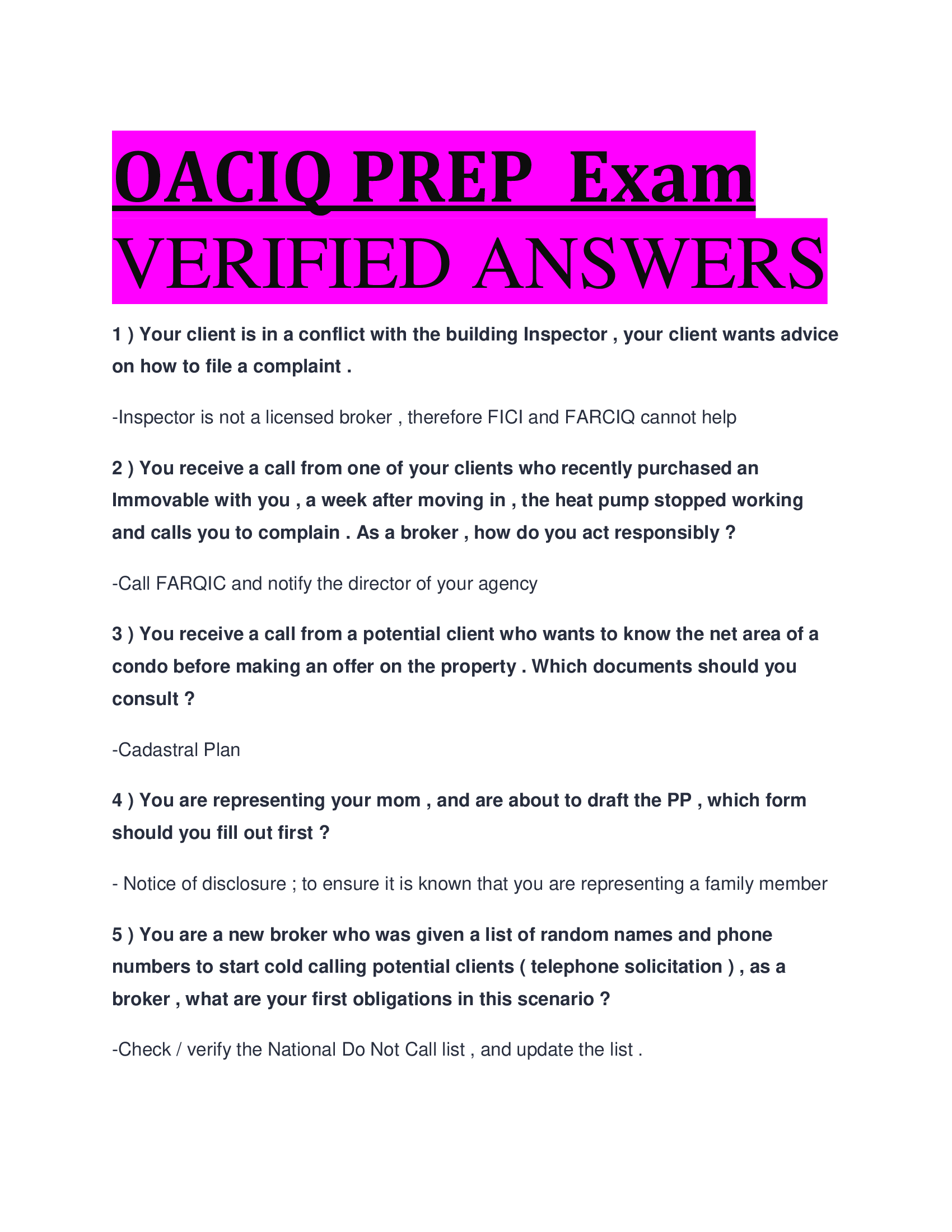 OACIQ PREP Exam VERIFIED ANSWERS