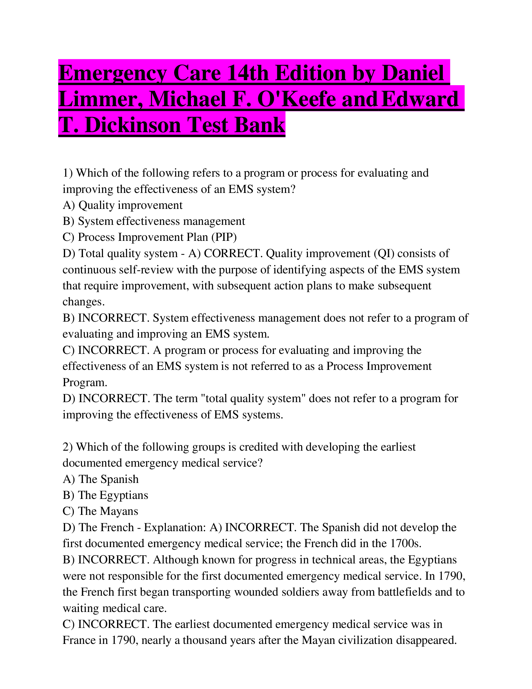 Emergency Care 14th Edition by Daniel  Limmer, Michael F. OKeefe and Edward T. Dickinson Test Bank
