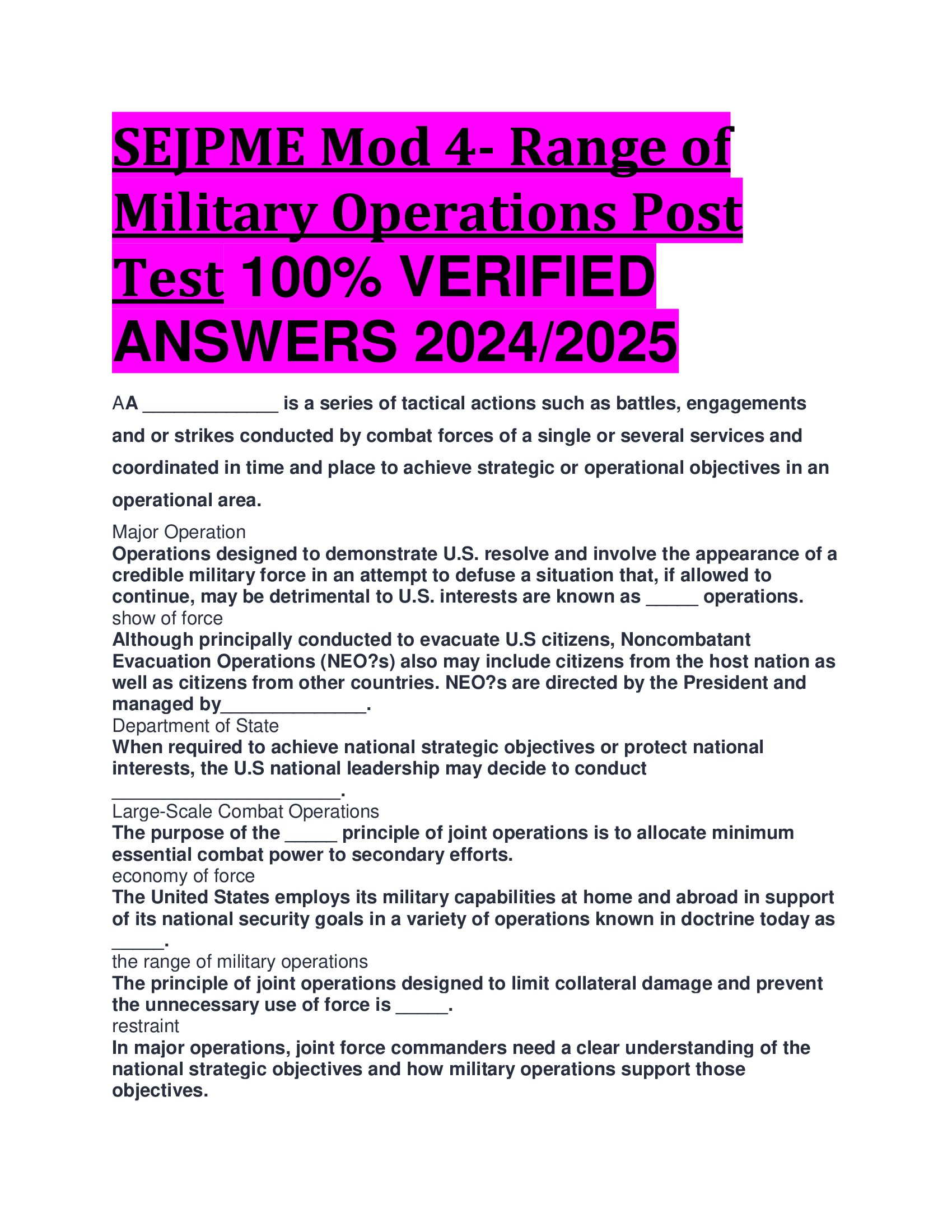 SEJPME Mod 4- Range of Military Operations Post Test VERIFIED  ANSWERS 2024, 2026