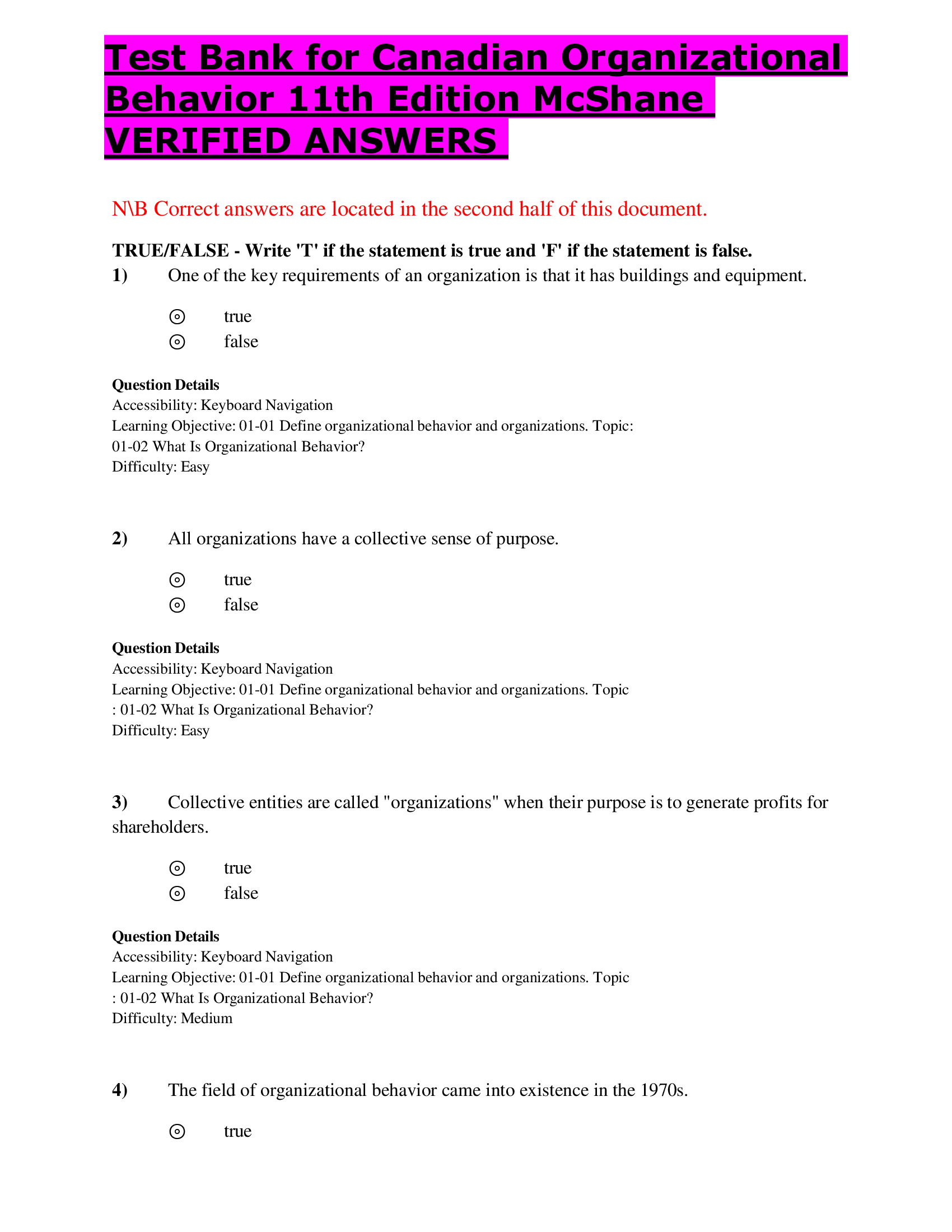 Test Bank for Canadian Organizational Behavior 11th Edition McShane VERIFIED ANSWERS