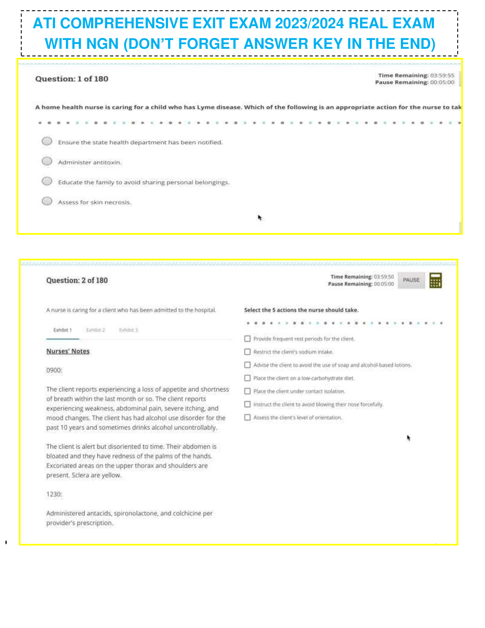 BEST ANSWERS ATI COMPREHENSIVE EXIT EXAM 2023,2024 REAL EXAM WITH NGN (DON’T FORGET ANSWER KEY IN THE END