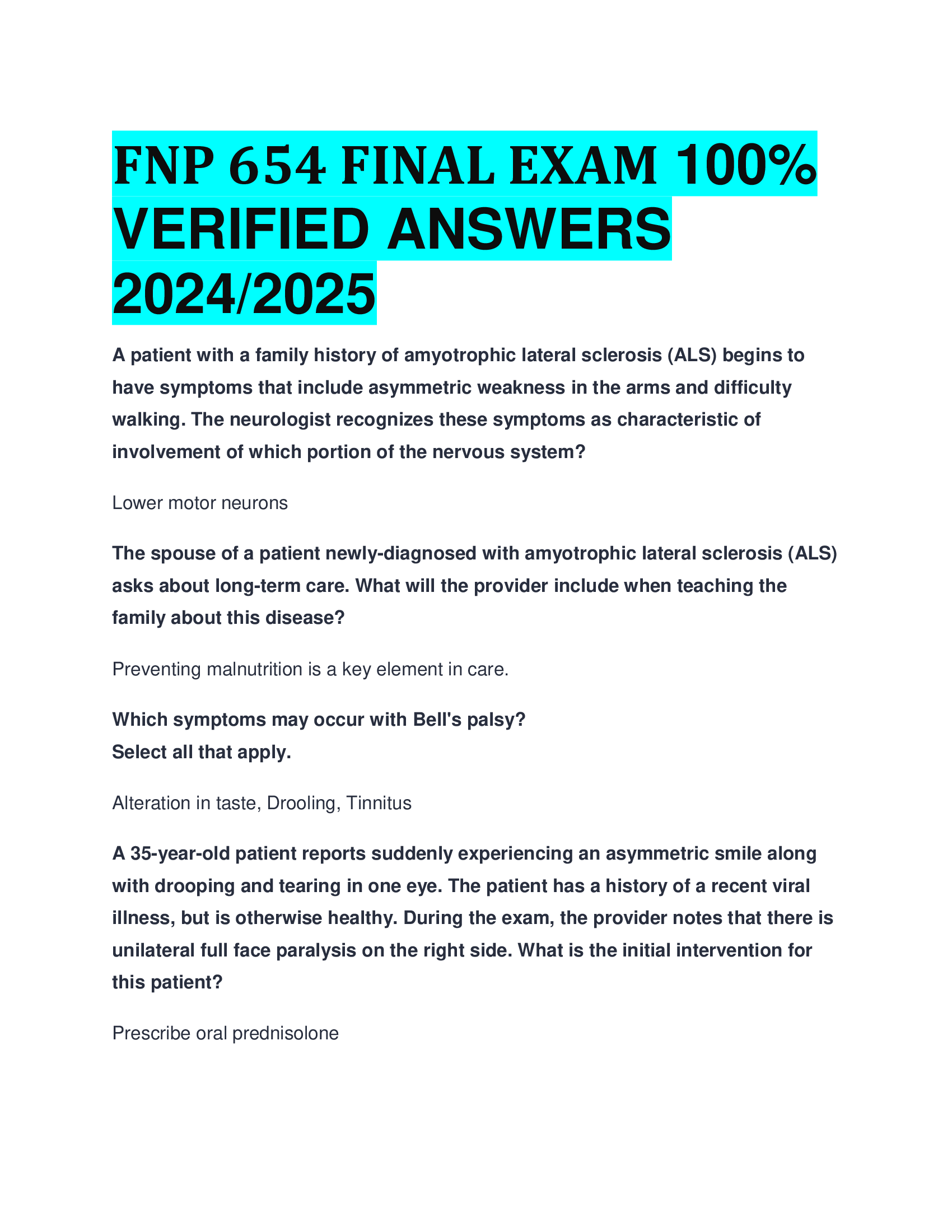 FNP 654 FINAL EXAM VERIFIED ANSWERS  20242026