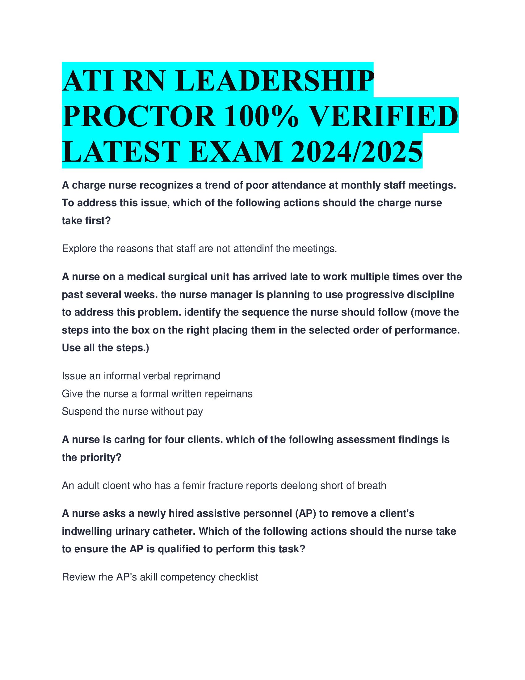 ATI RN LEADERSHIP  PROCTOR VERIFIED  LATEST EXAM 20242026