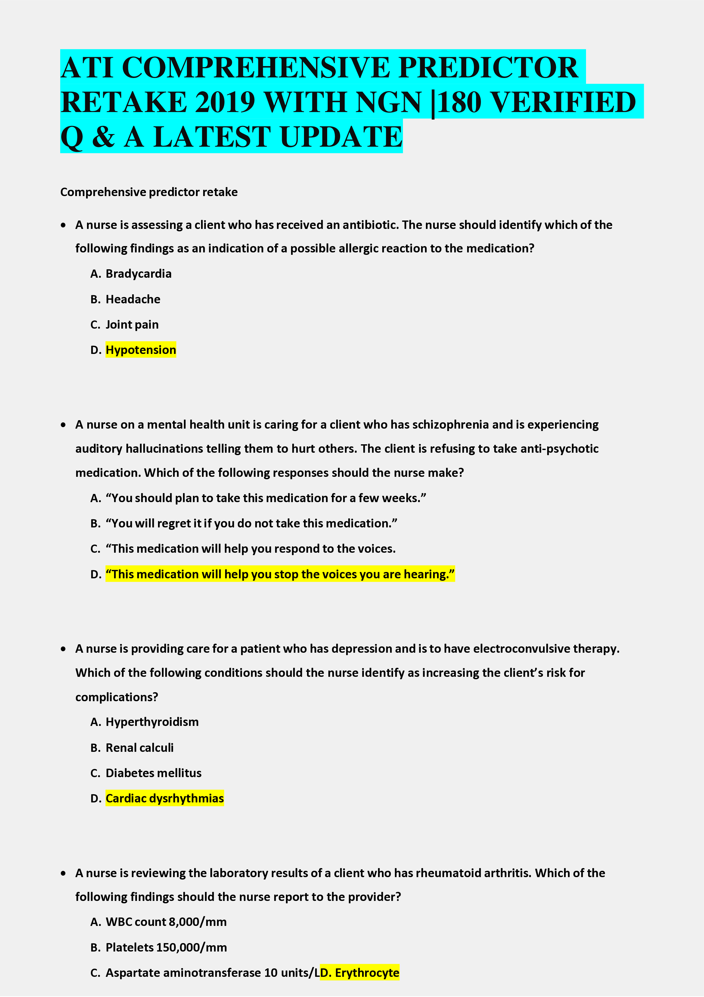 ATI COMPREHENSIVE PREDICTOR  RETAKE 2019 WITH NGN |180 VERIFIED Q & A LATEST UPDATE