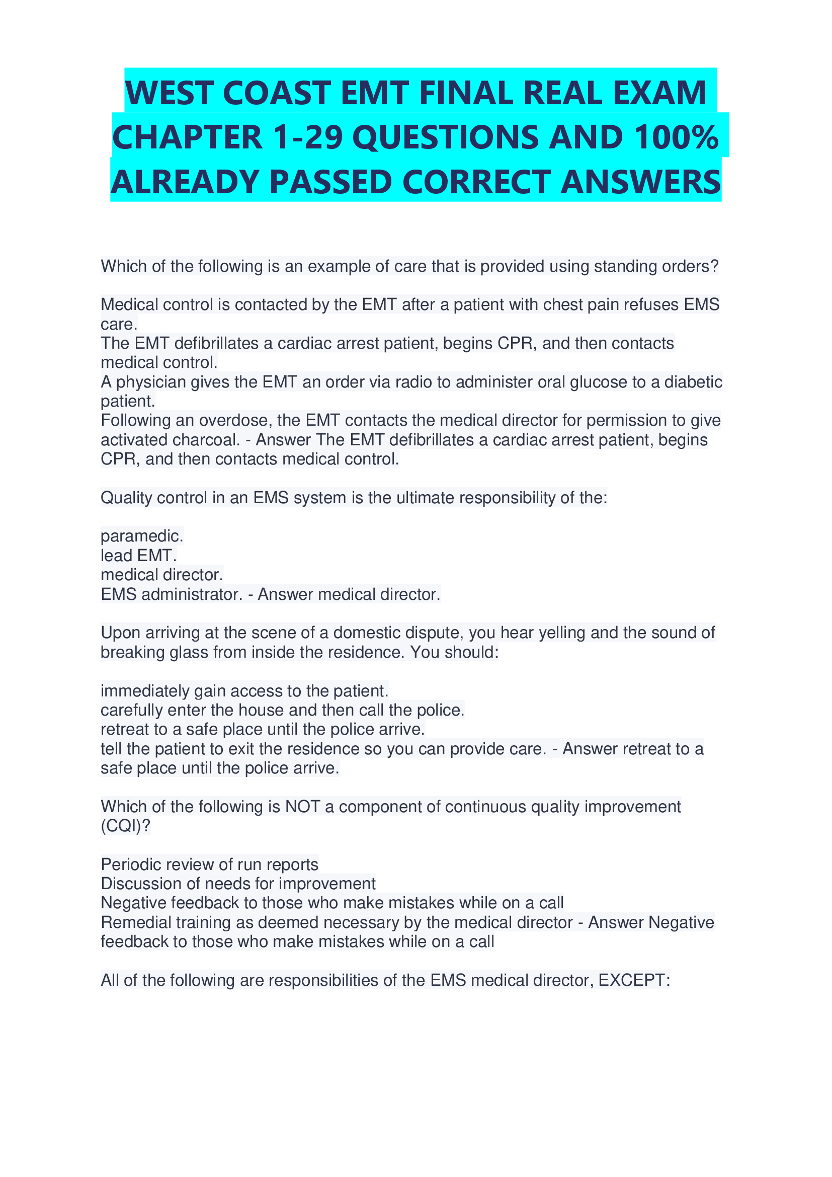 WEST COAST EMT FINAL REAL EXAM CHAPTER 1-29 QUESTIONS AND ALREADY PASSED CORRECT ANSWERS