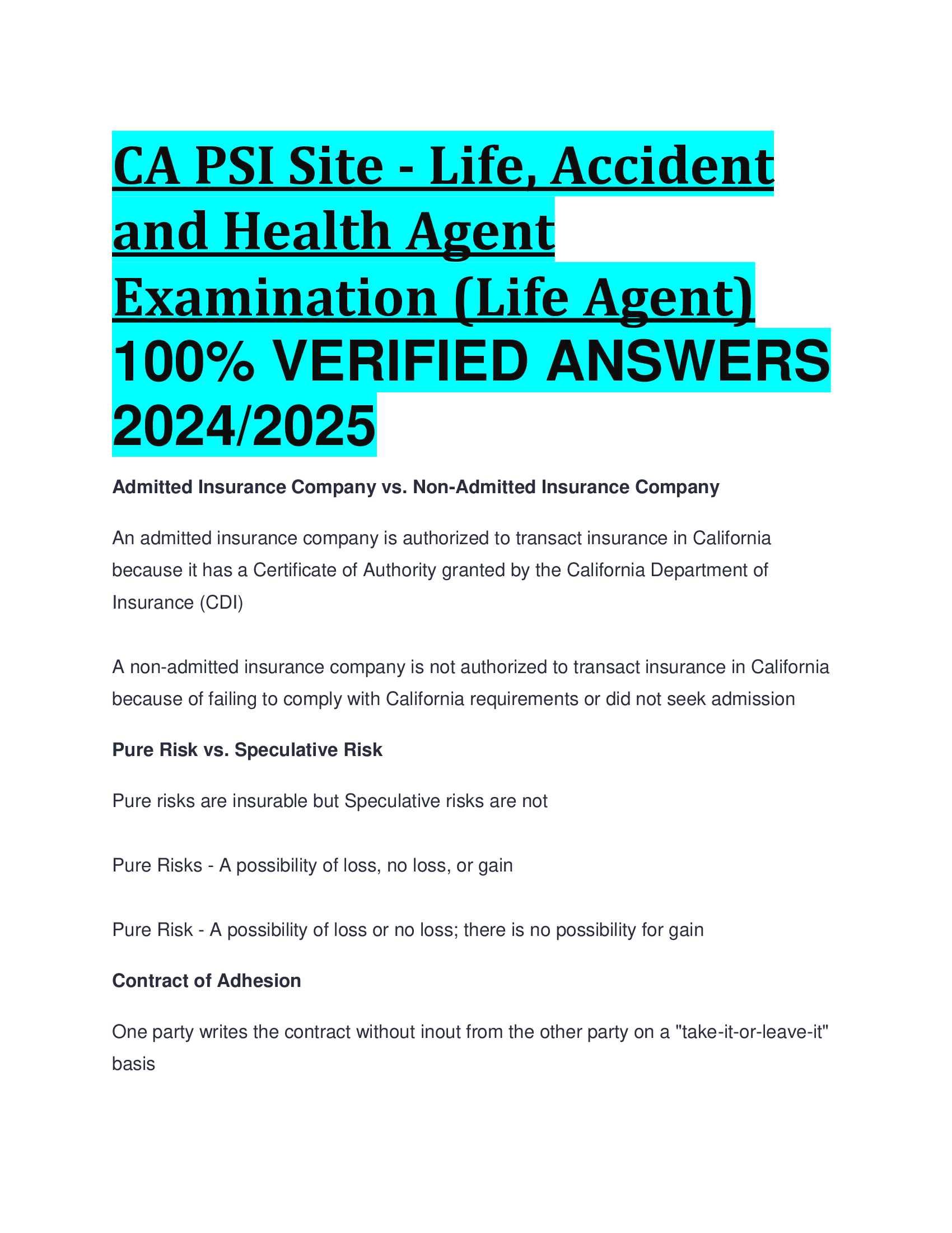 CA PSI Site - Life, Accident and Health Agent Examination Life Agent VERIFIED ANSWERS  2025/2026