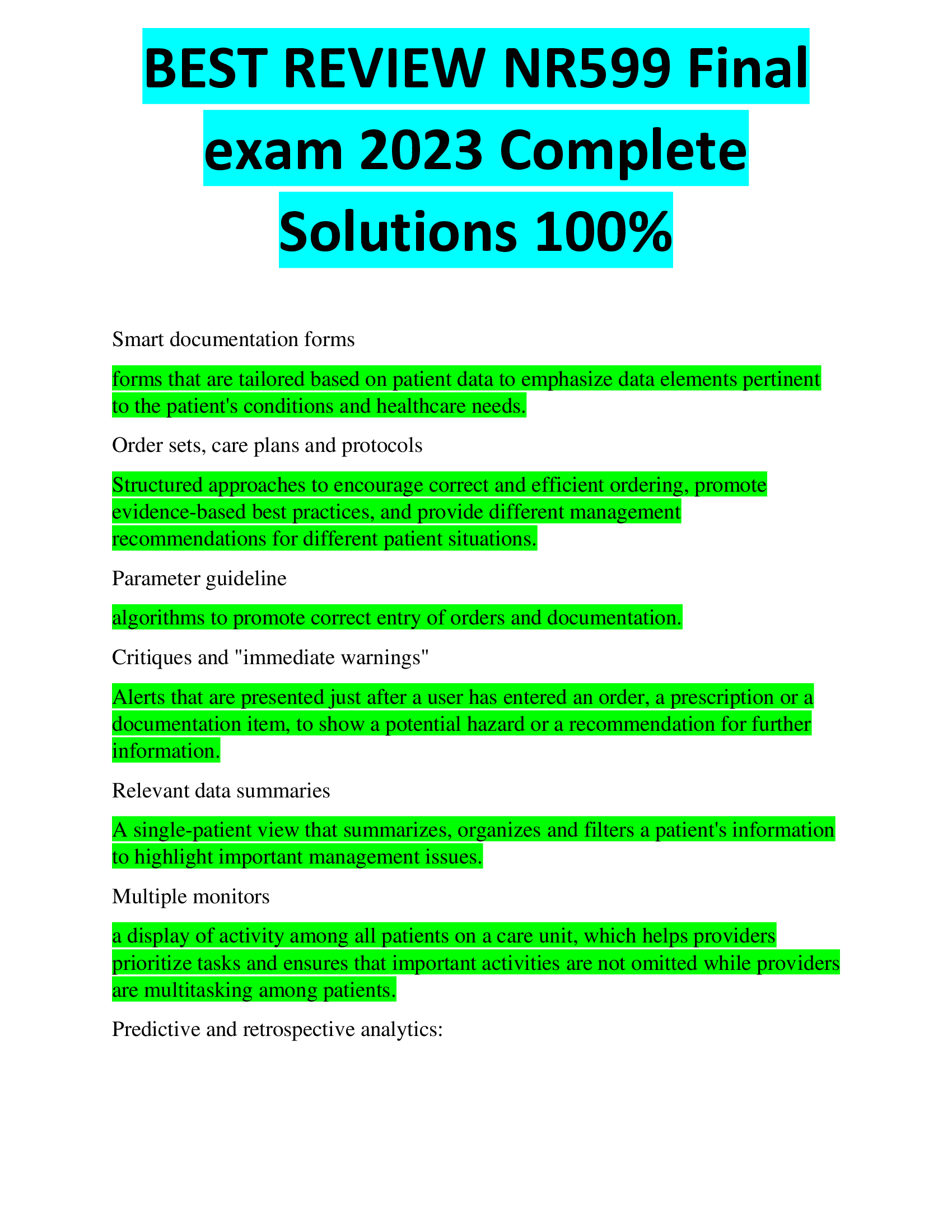 BEST REVIEW NR599 Final  exam 2023,2024 Complete  Solutions