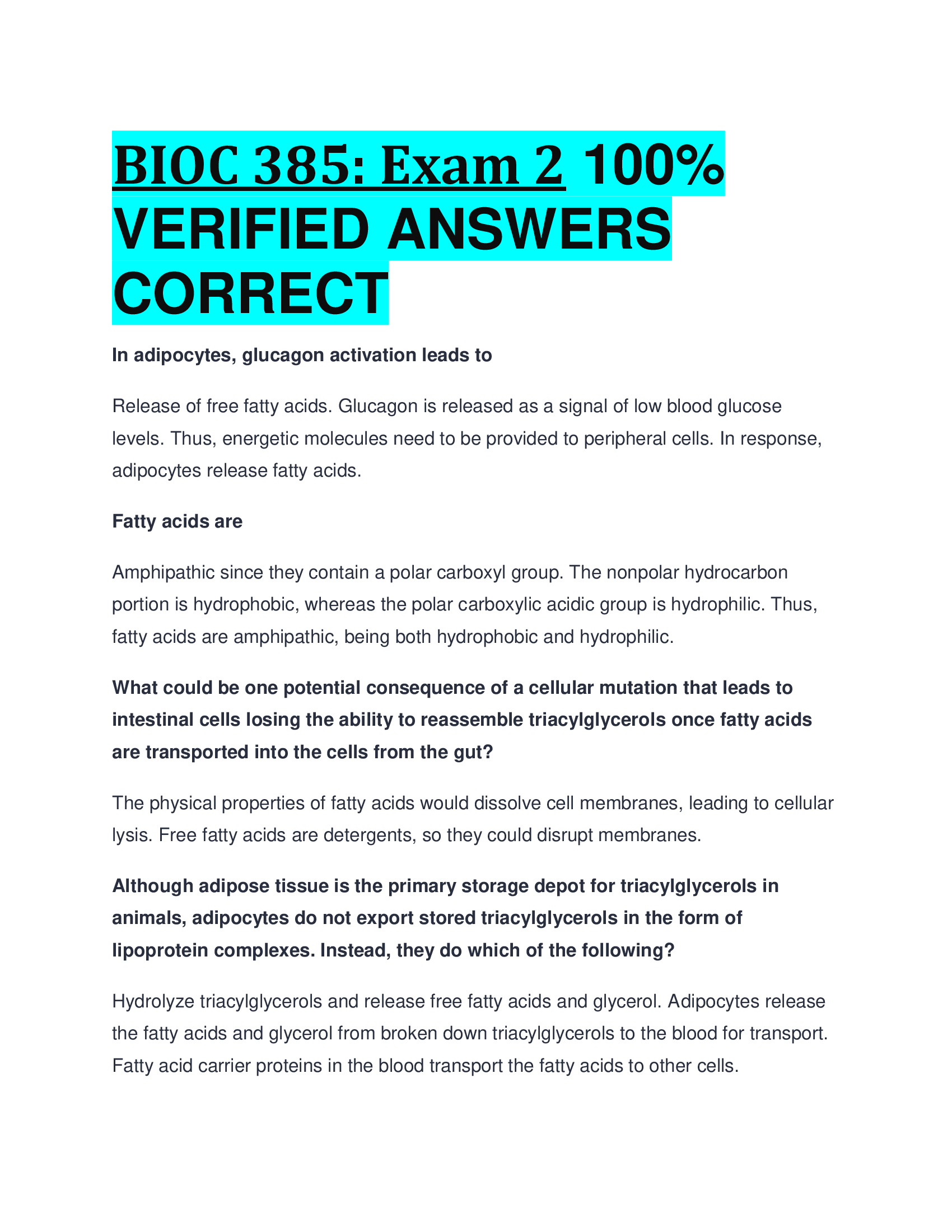 BIOC 385: Exam 2 VERIFIED ANSWERS  CORRECT