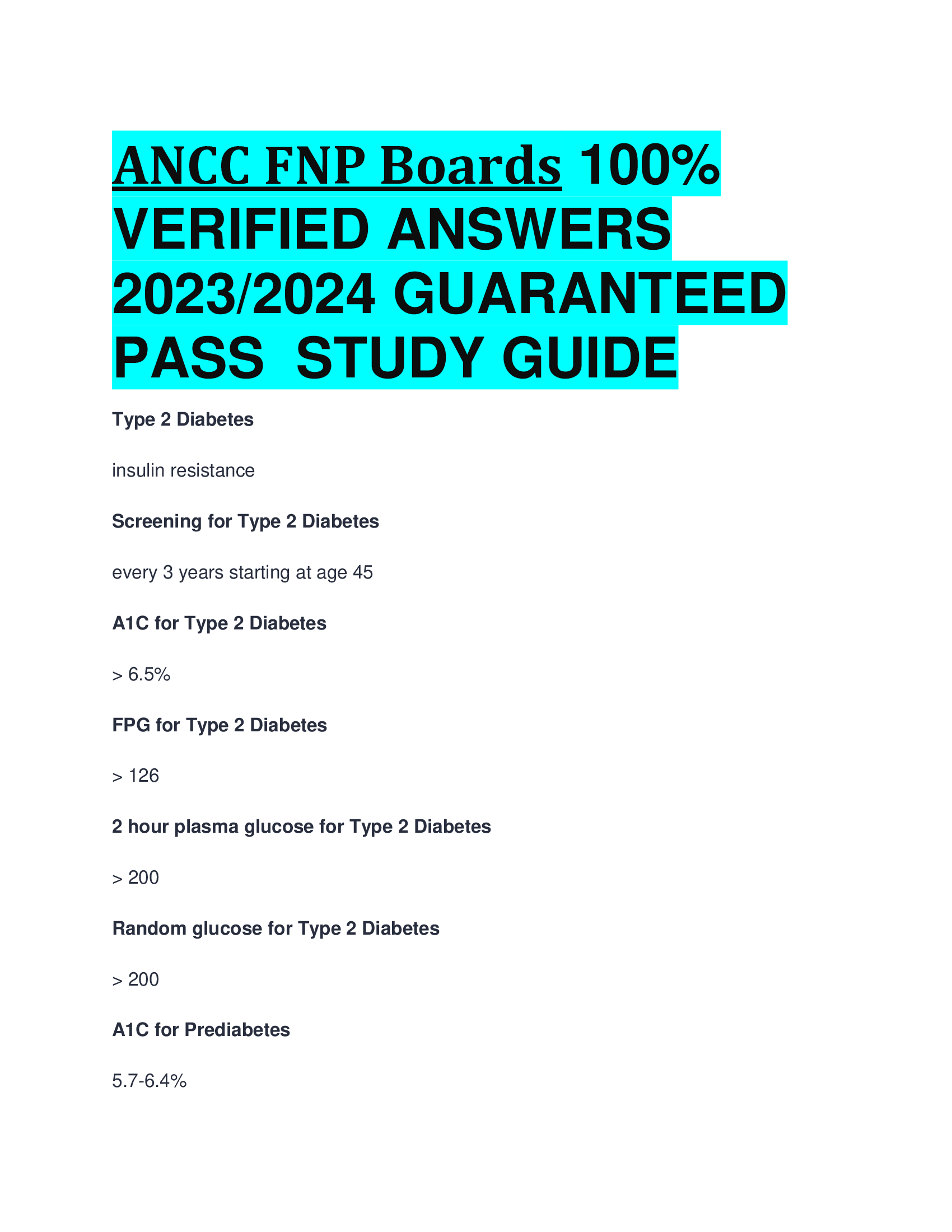 ANCC FNP Boards VERIFIED ANSWERS  2023,2024 GUARANTEED  PASS STUDY GUIDE