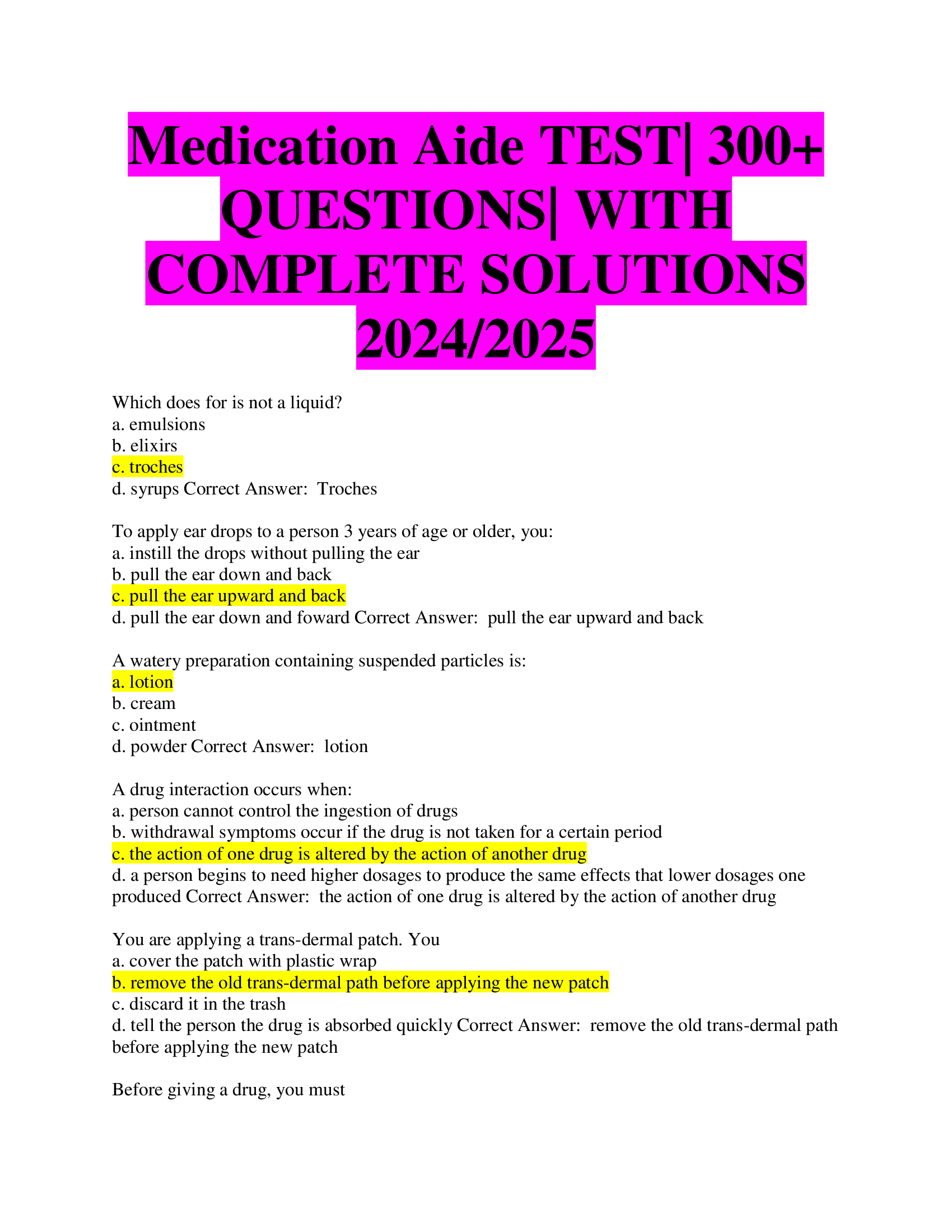 BEST ANSWERS Medication Aide TEST| 300+  QUESTIONS| WITH  COMPLETE SOLUTIONS 2024, 2026