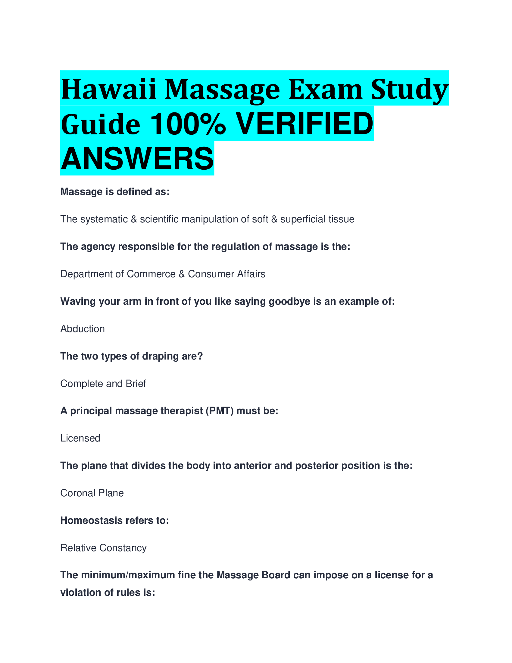Hawaii Massage Exam Study Guide  VERIFIED  ANSWERS