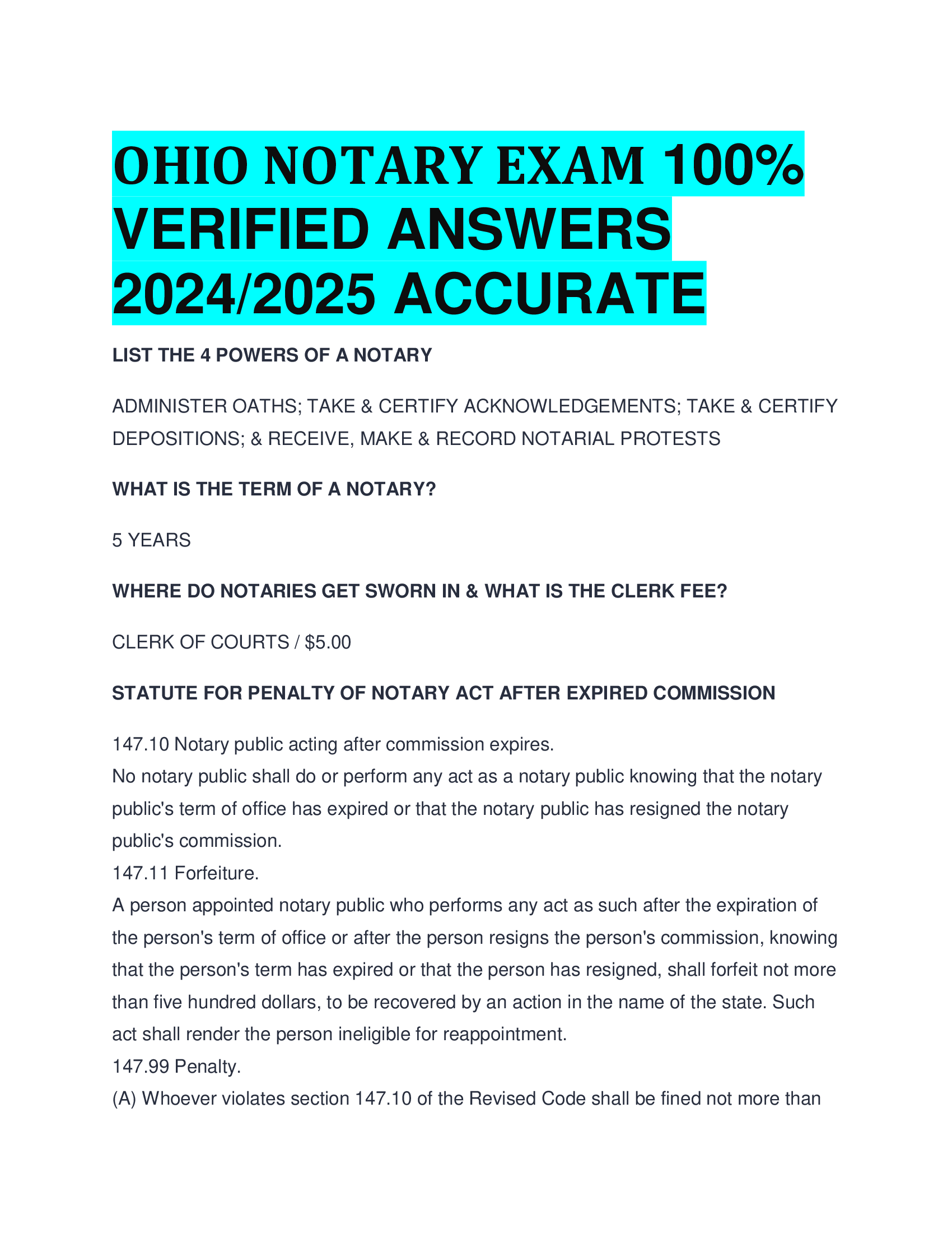 OHIO NOTARY EXAM VERIFIED ANSWERS  20242026 ACCURATE