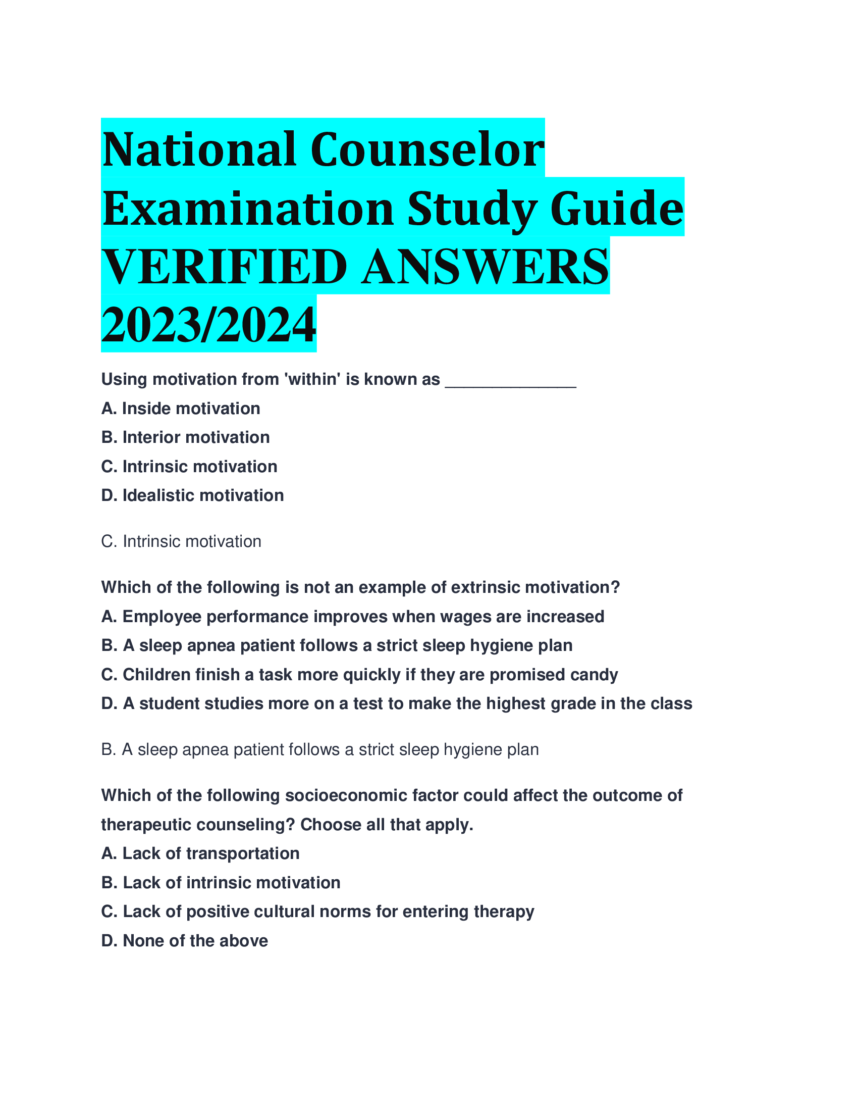 National Counselor Examination Study Guide VERIFIED ANSWERS  2023,2024