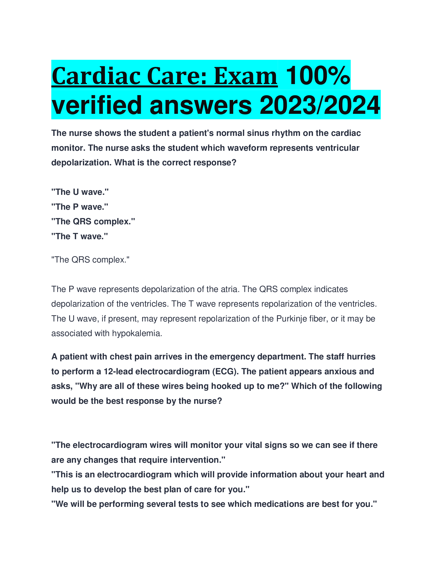 Cardiac Care: Exam  verified answers 2023,2024