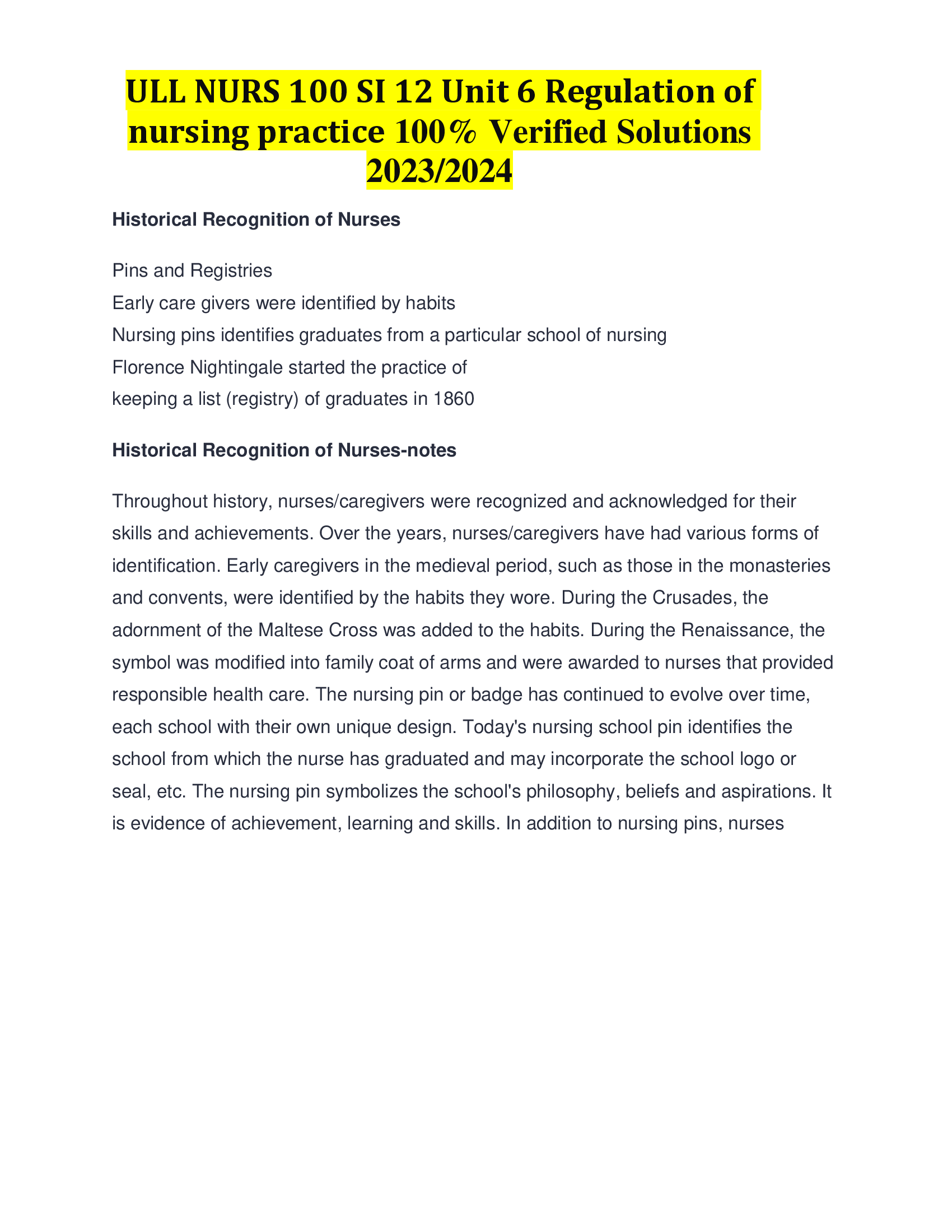 ULL NURS 100 SI 12 Unit 6 Regulation of nursing practice Verified Solutions  2023,2024