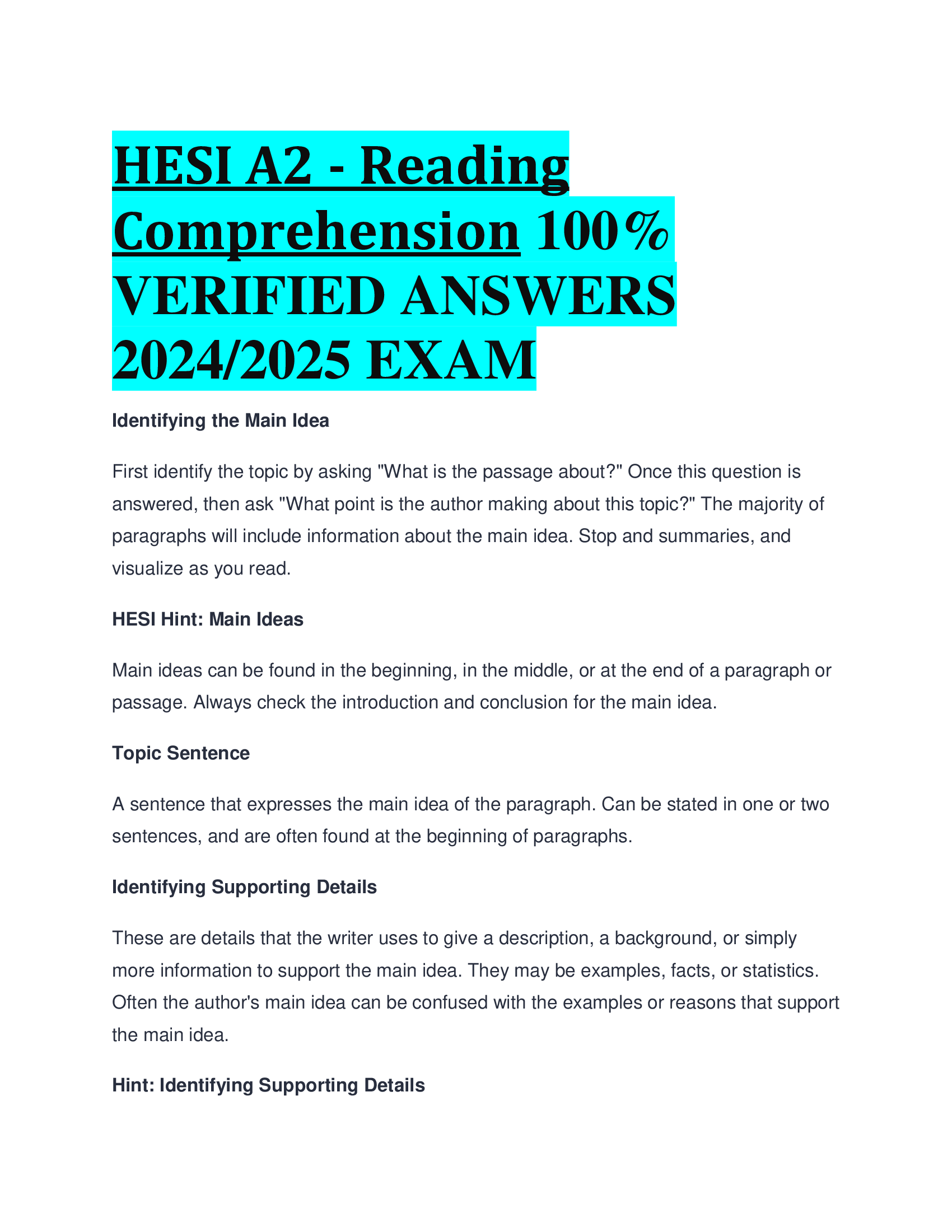 BEST REVIEW FOR HESI A2 - Reading Comprehension VERIFIED ANSWERS  2024, 2026 EXAM