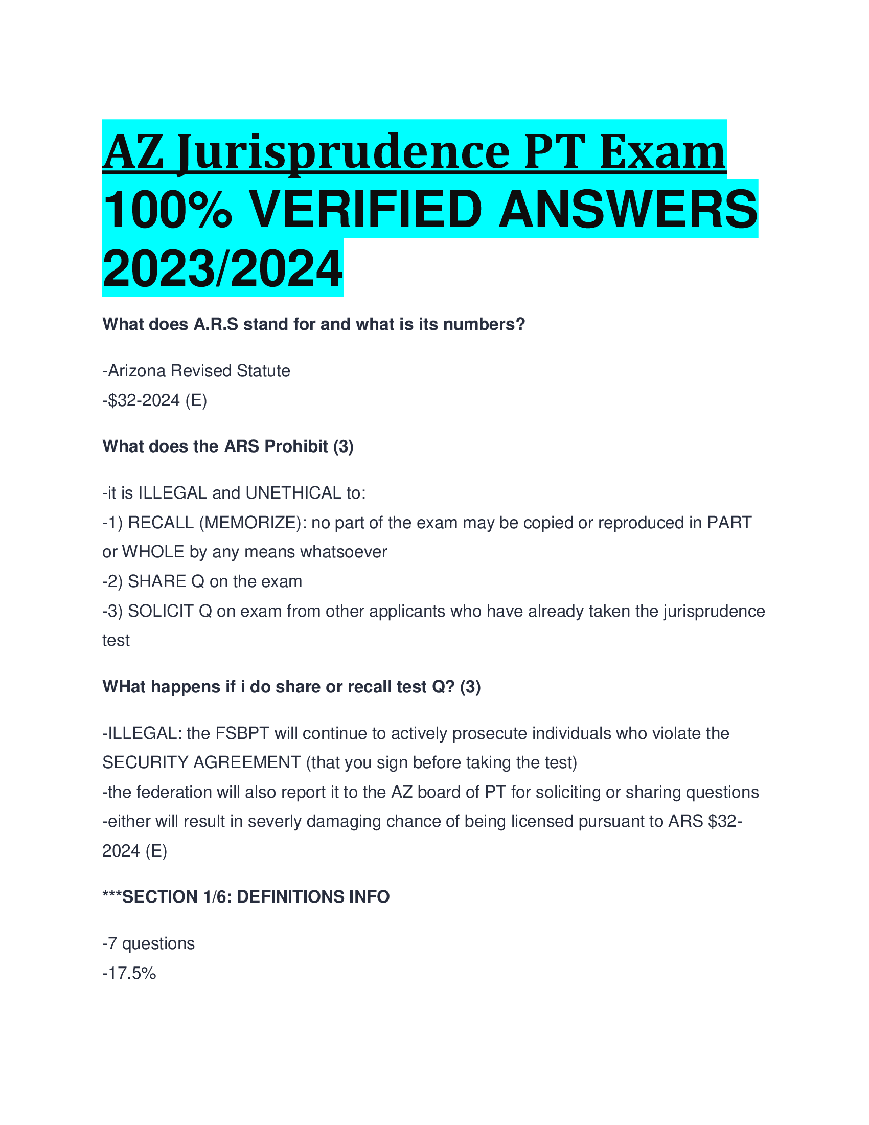 AZ Jurisprudence PT Exam  VERIFIED ANSWERS  2023,2024