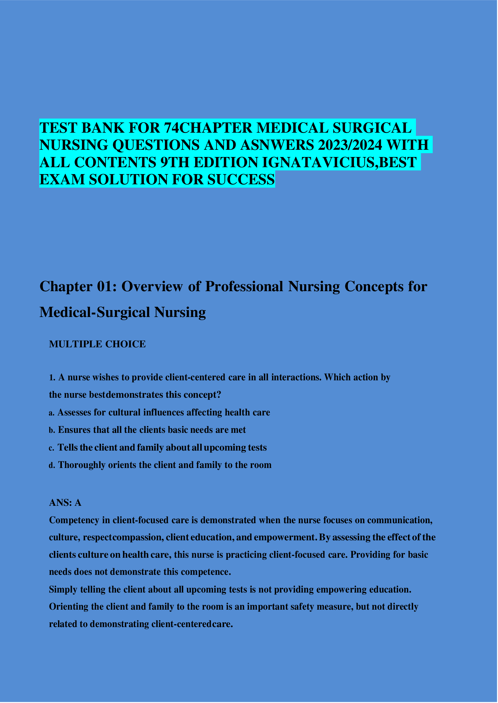 TEST BANK FOR 74 CHAPTER MEDICAL SURGICAL  NURSING QUESTIONS AND ASNWERS 2023/2024 WITH  ALL CONTENTS 9TH EDITION IGNATAVICIUS,BEST  EXAM SOLUTION FOR SUCCESS