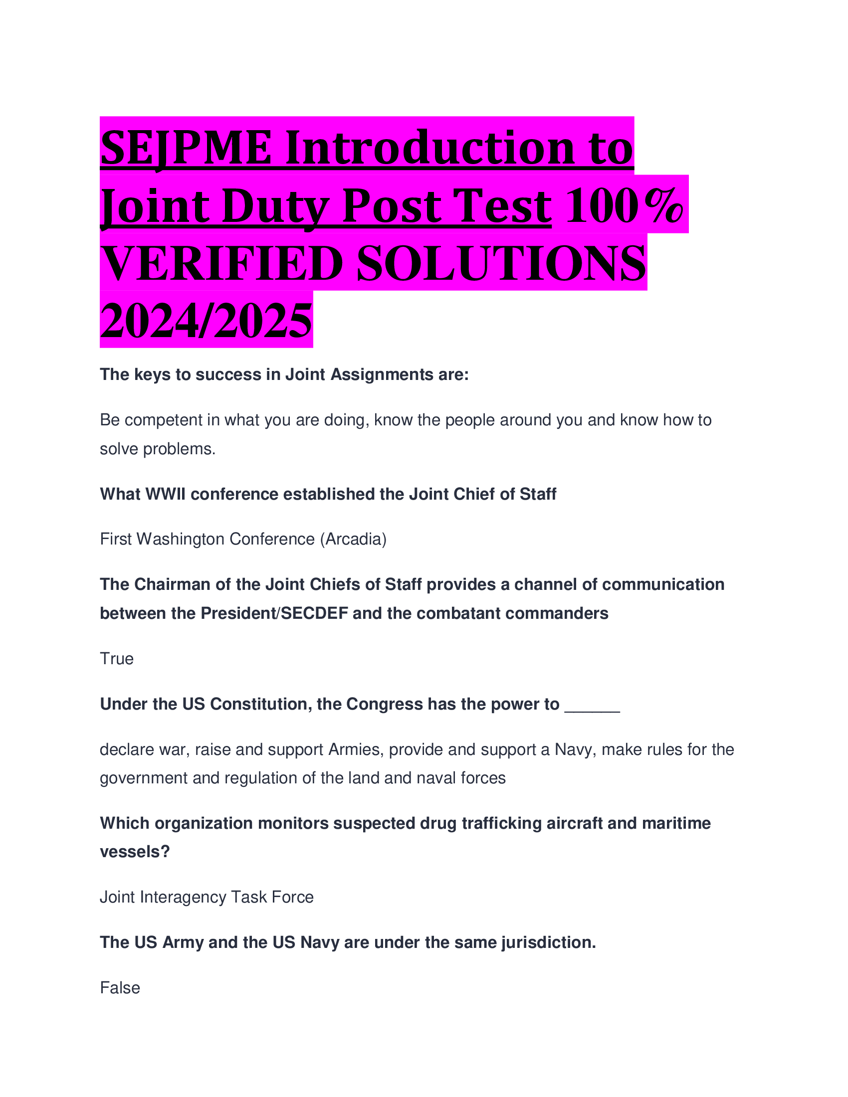 SEJPME Introduction to Joint Duty Post Test VERIFIED SOLUTIONS  2024, 2026