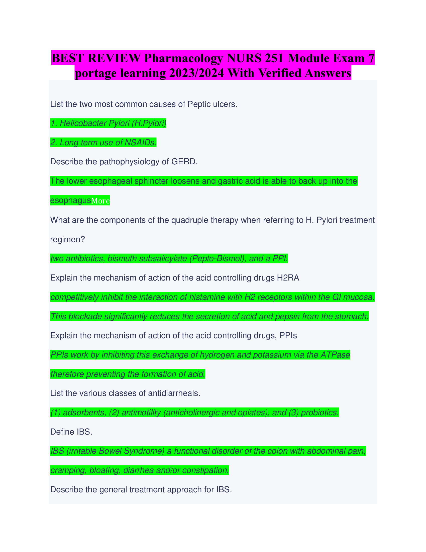 BEST REVIEW Pharmacology NURS 251 Module Exam 7  portage learning 2023, 2024 With Verified Answers