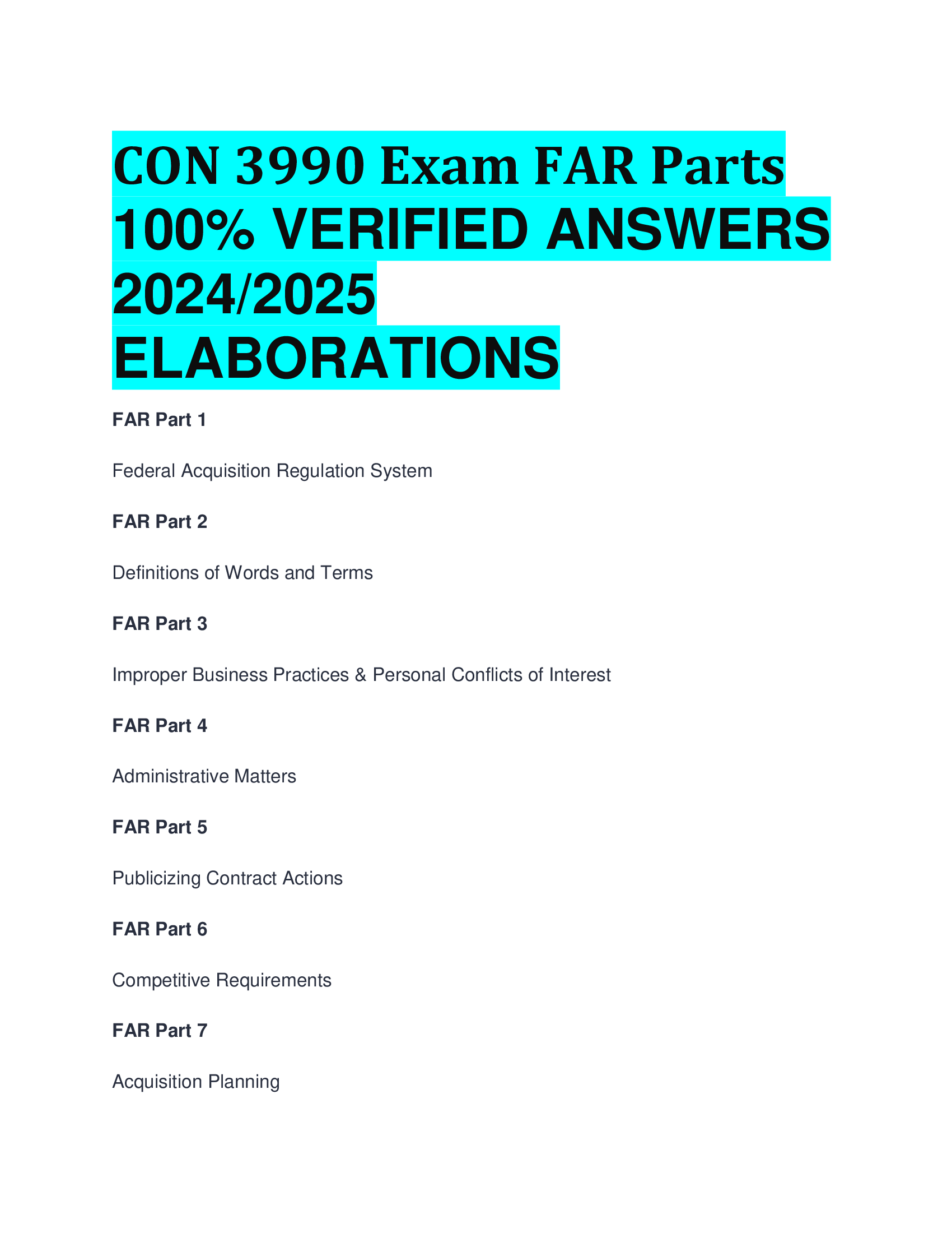 CON 3990 Exam FAR Parts  VERIFIED ANSWERS  20242026  ELABORATIONS