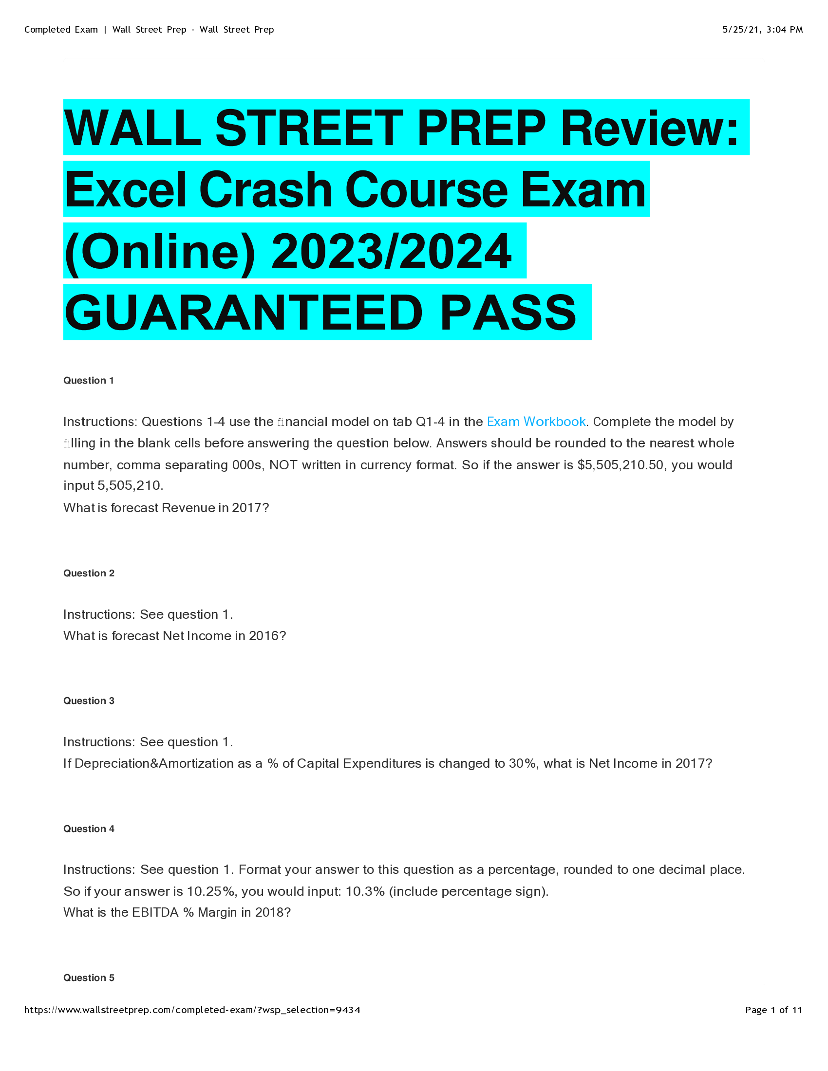 WALL STREET PREP Review: Excel Crash Course Exam verified
