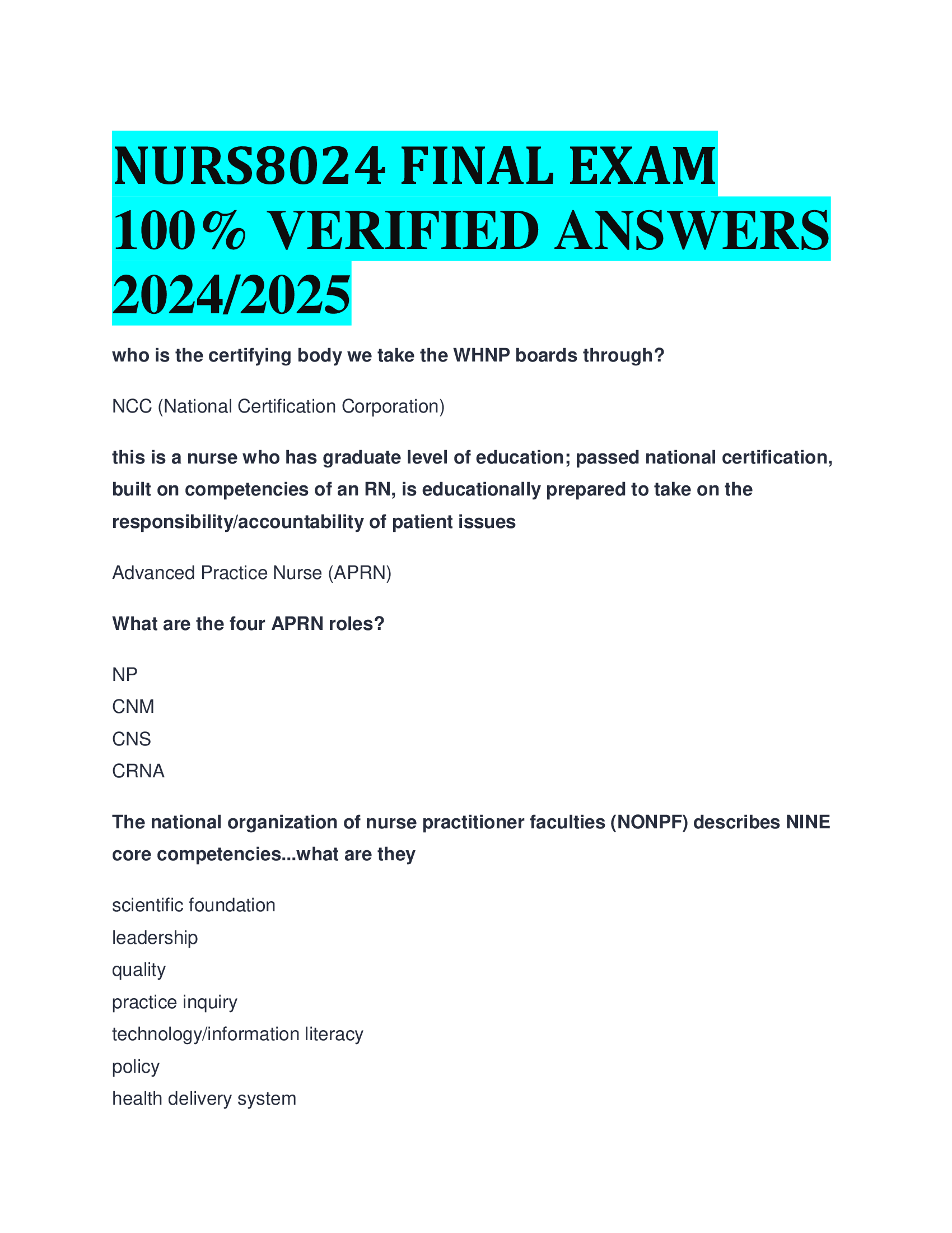 NURS8024 FINAL EXAM VERIFIED ANSWERS  20242026