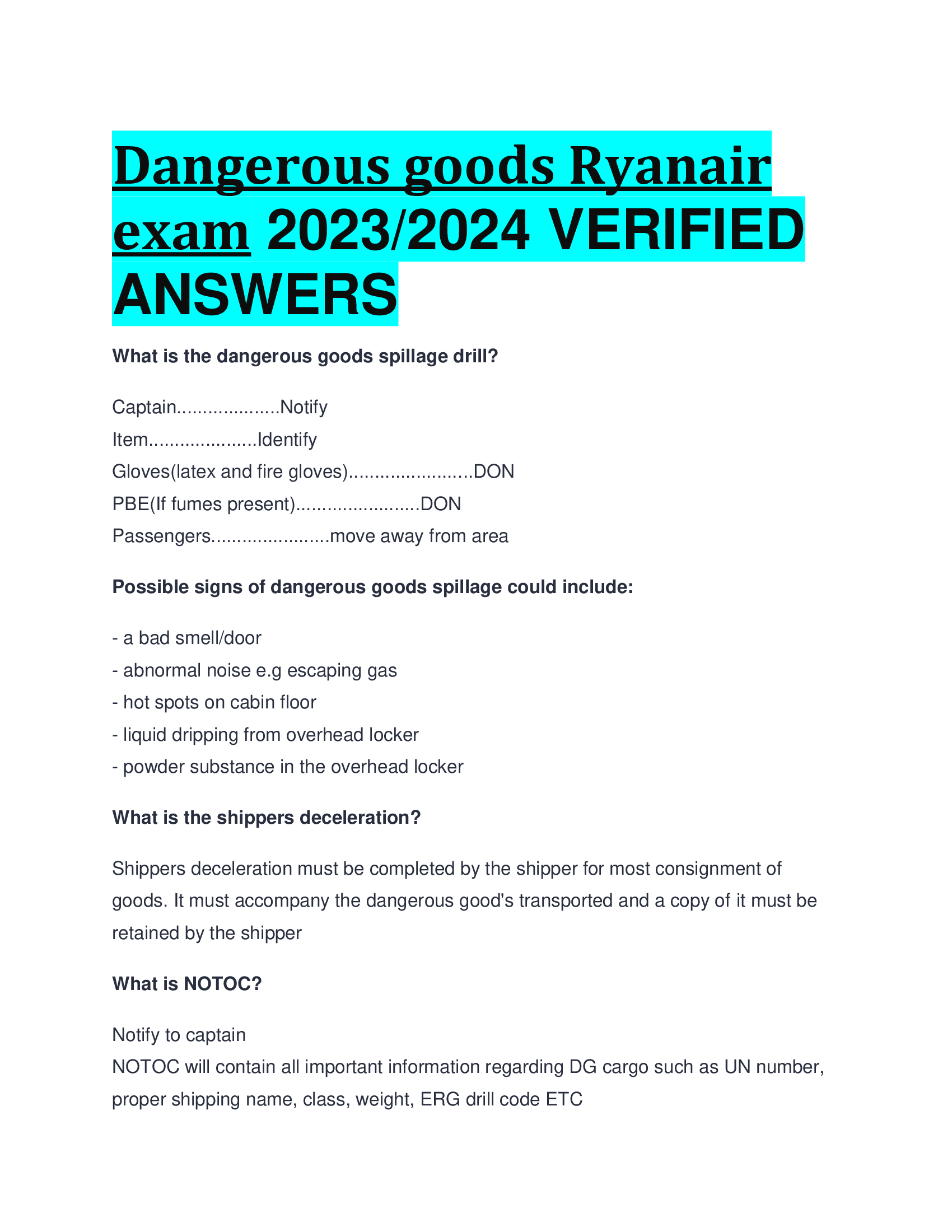 Dangerous goods Ryanair exam 2023,2024 VERIFIED  ANSWERS
