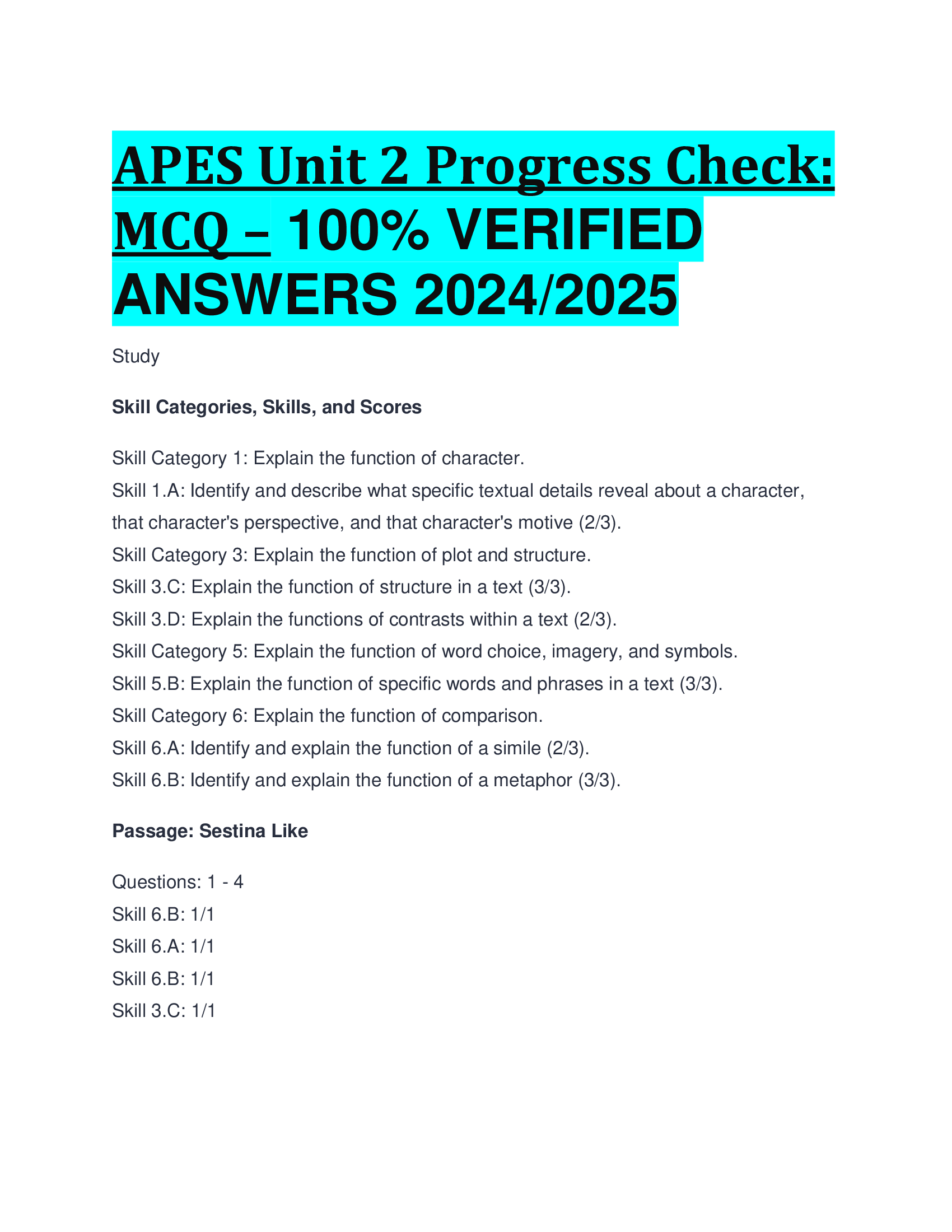 APES Unit 2 Progress Check: MCQ VERIFIED  ANSWERS 20242026