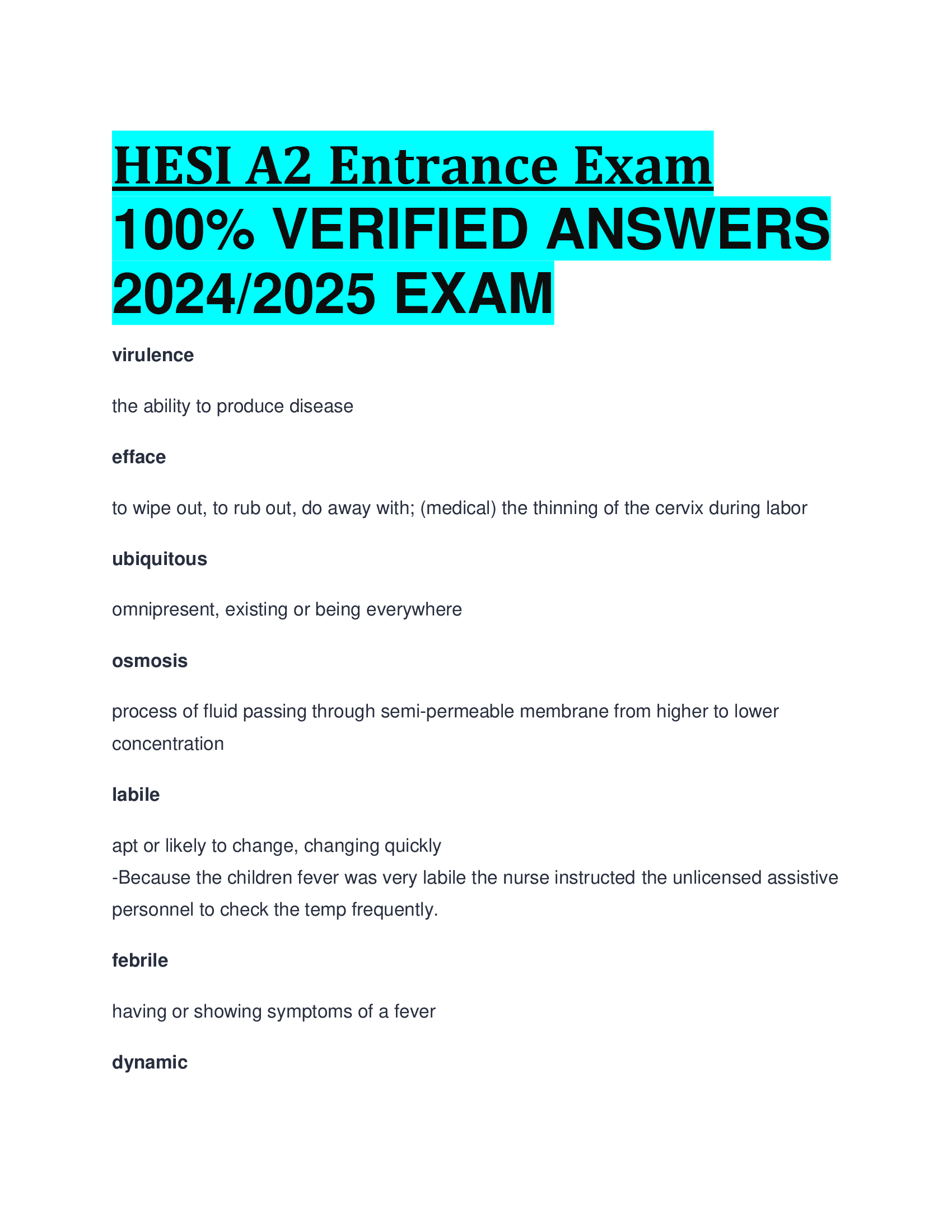 HESI A2 Entrance Exam VERIFIED ANSWERS  20242026 EXAM