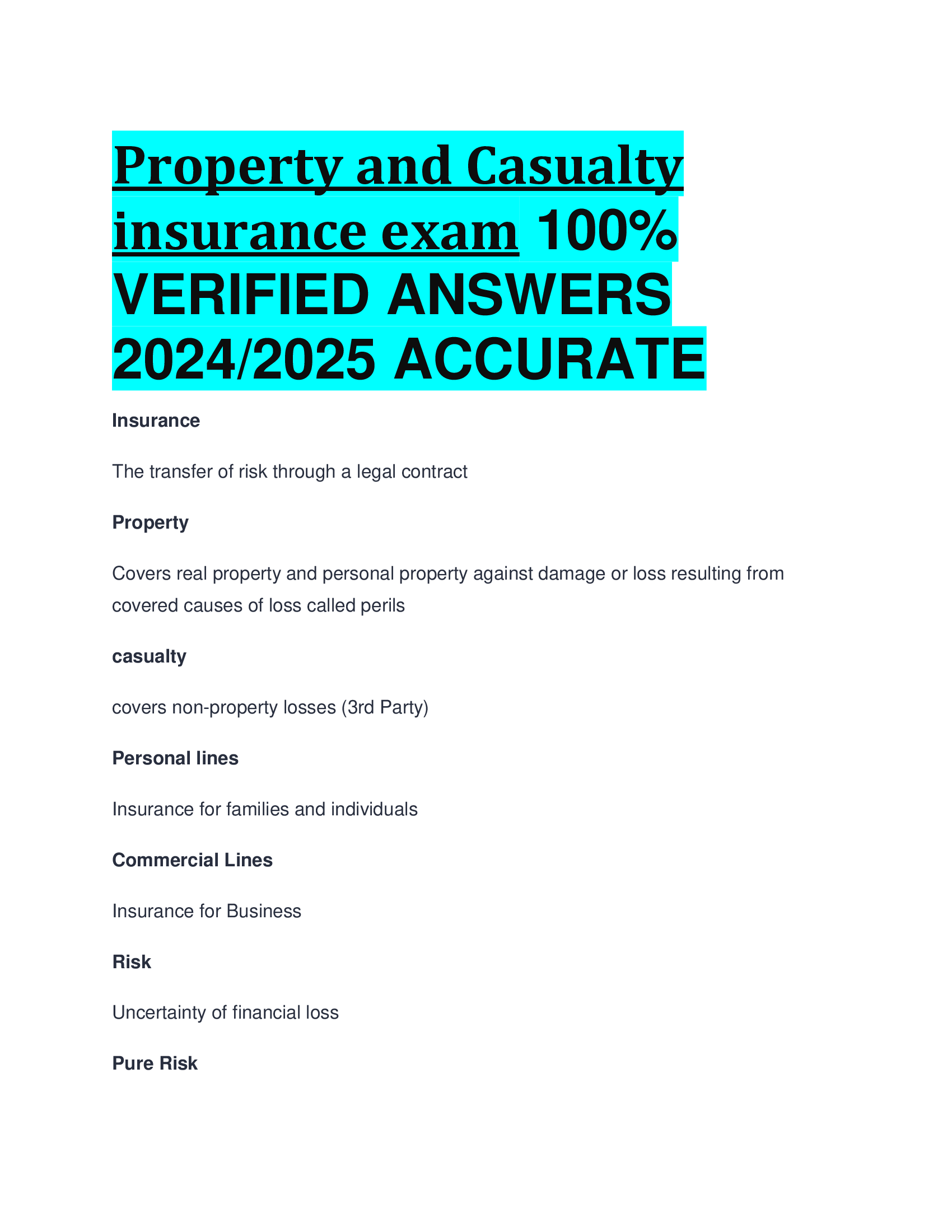 Property and Casualty insurance exam VERIFIED ANSWERS  20242026 ACCURATE