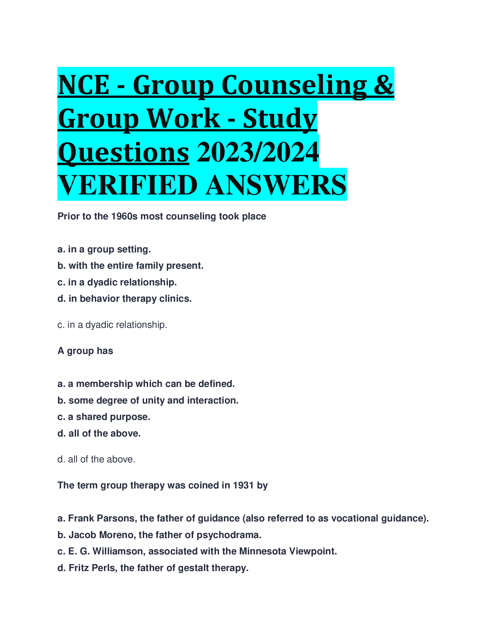 NCE - Group Counseling & Group Work - Study Questions 2023,2024  VERIFIED ANSWERS