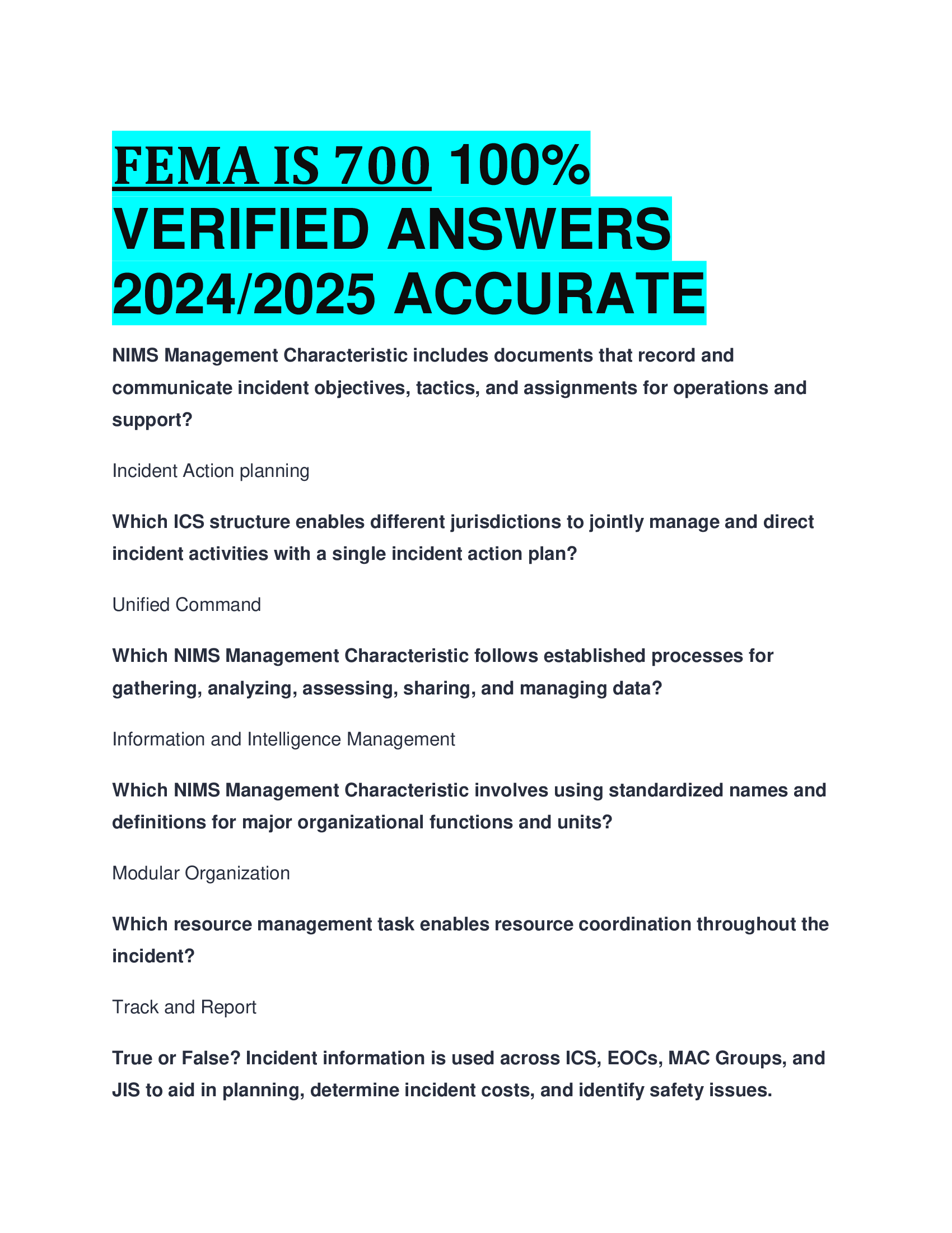 FEMA IS 700 VERIFIED ANSWERS  20242026 ACCURATE