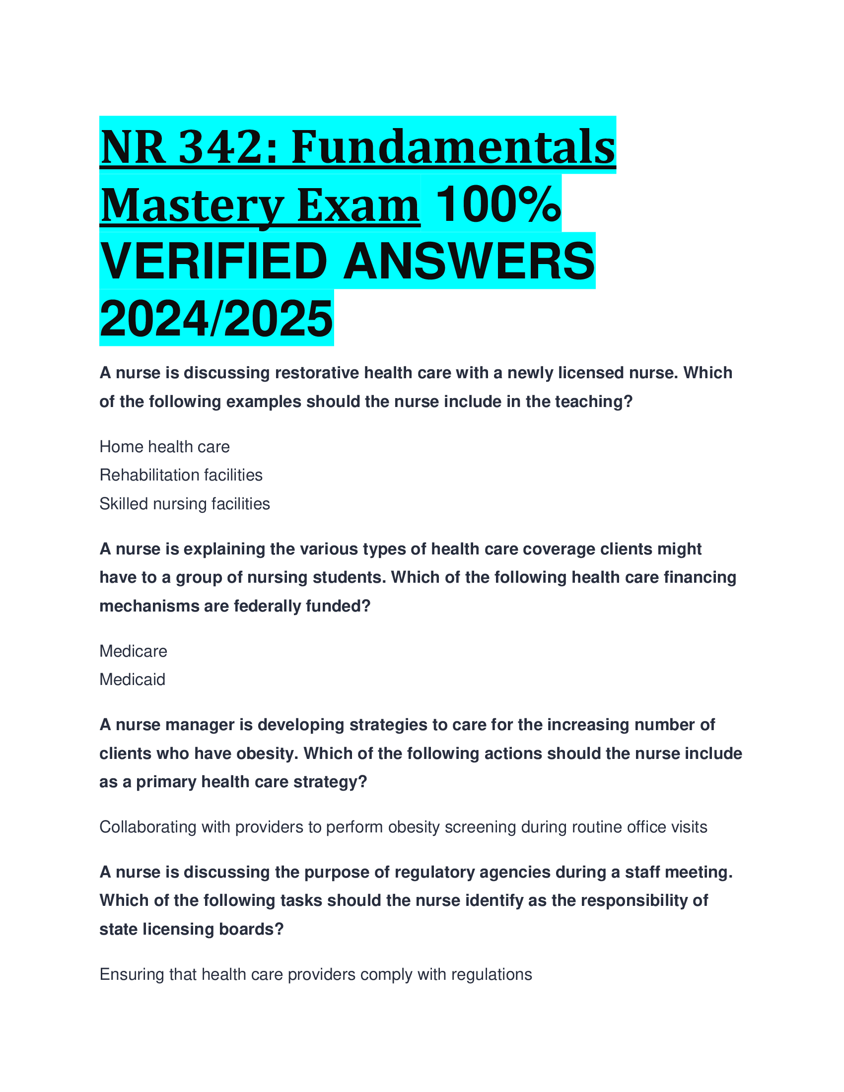 NR 342: Fundamentals Mastery Exam VERIFIED ANSWERS  20242026