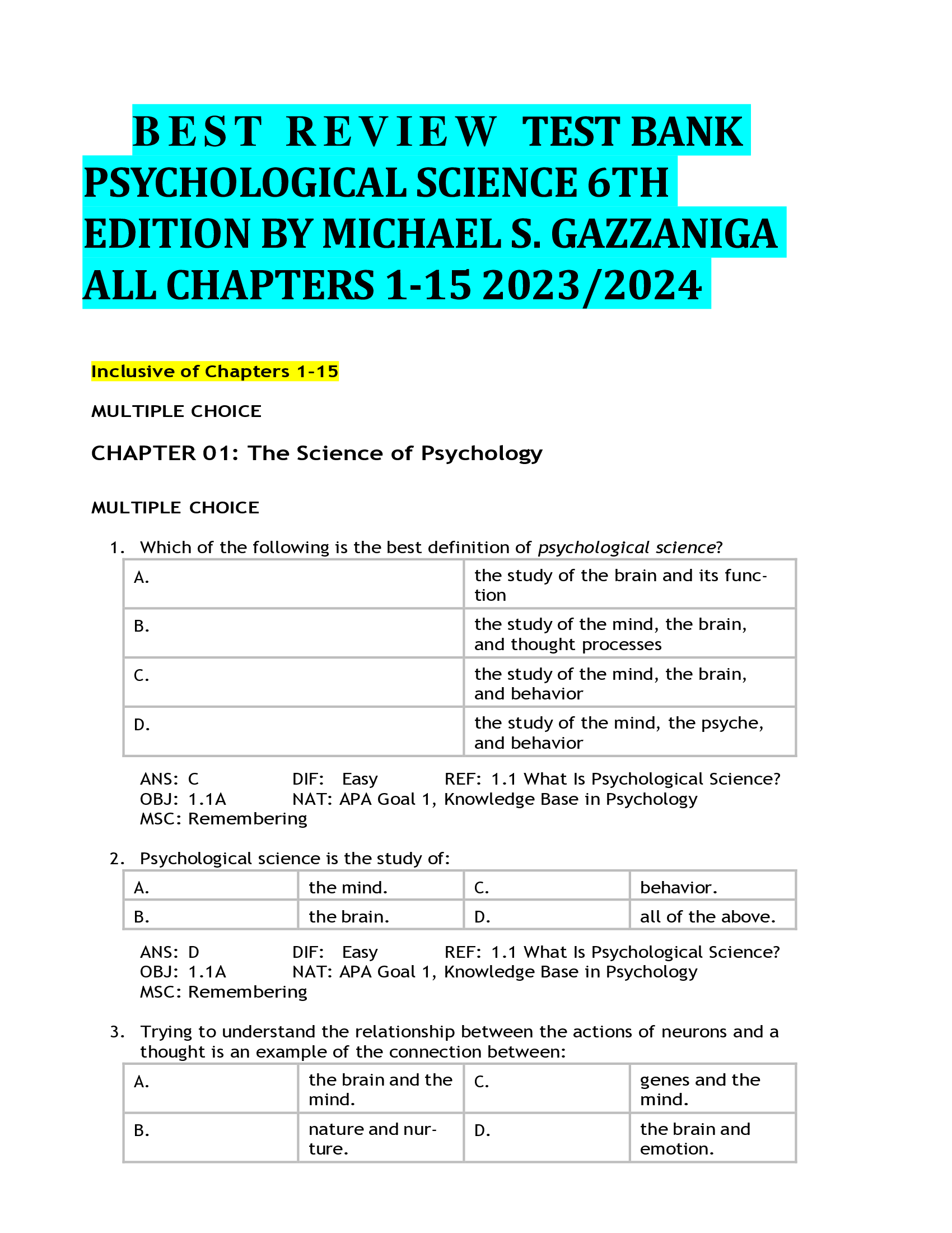 B E S T R E V I E W TEST BANK  PSYCHOLOGICAL SCIENCE 6TH  EDITION BY MICHAEL S. GAZZANIGA  ALL CHAPTERS 1-15 2023,2024
